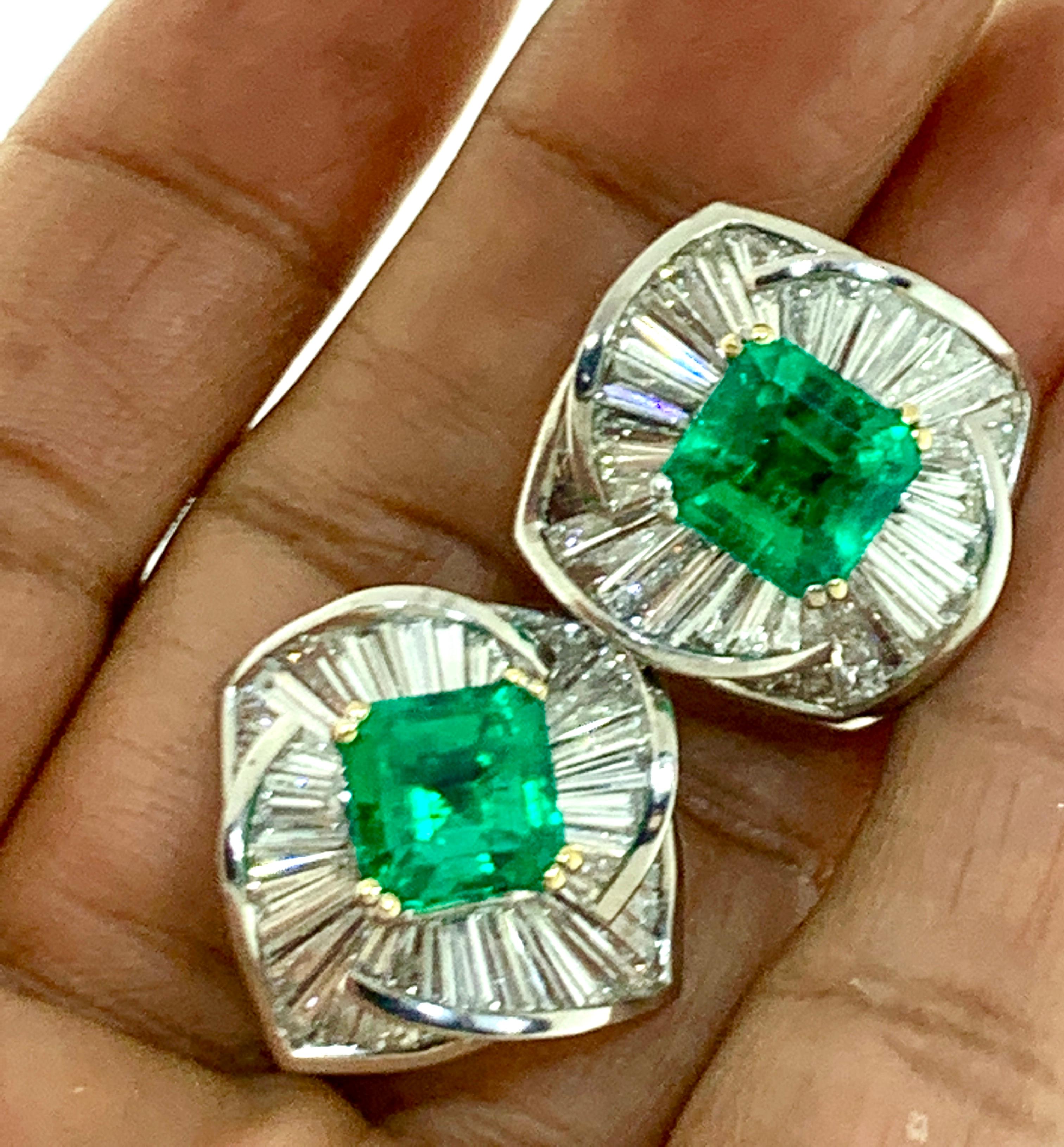 AGL Certified Minor 4ct Emerald Cut Colombian Emerald Diamond Earrings 18k Gold For Sale 1