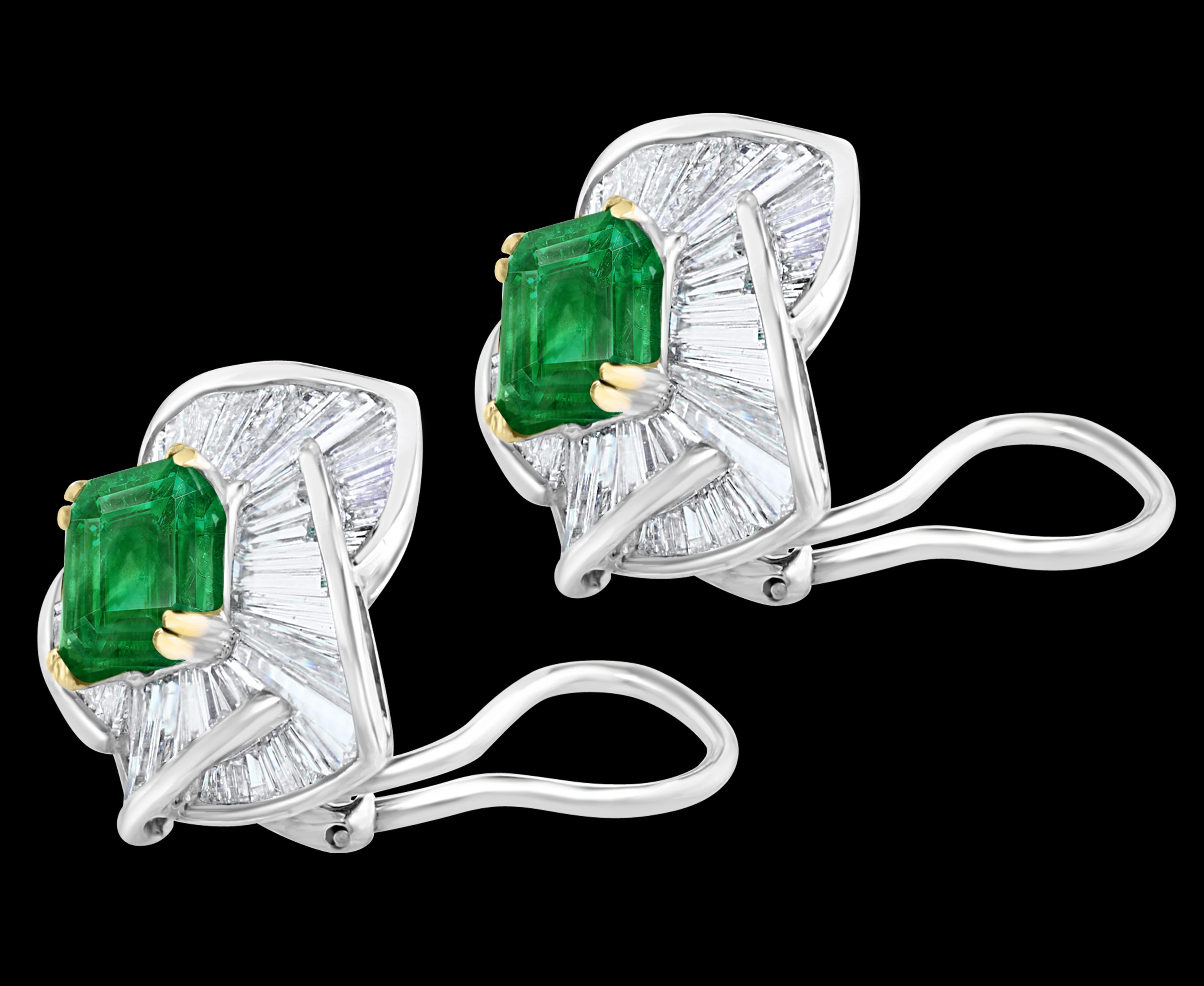 AGL Certified Minor 4ct Emerald Cut Colombian Emerald Diamond Earrings 18k Gold For Sale 3