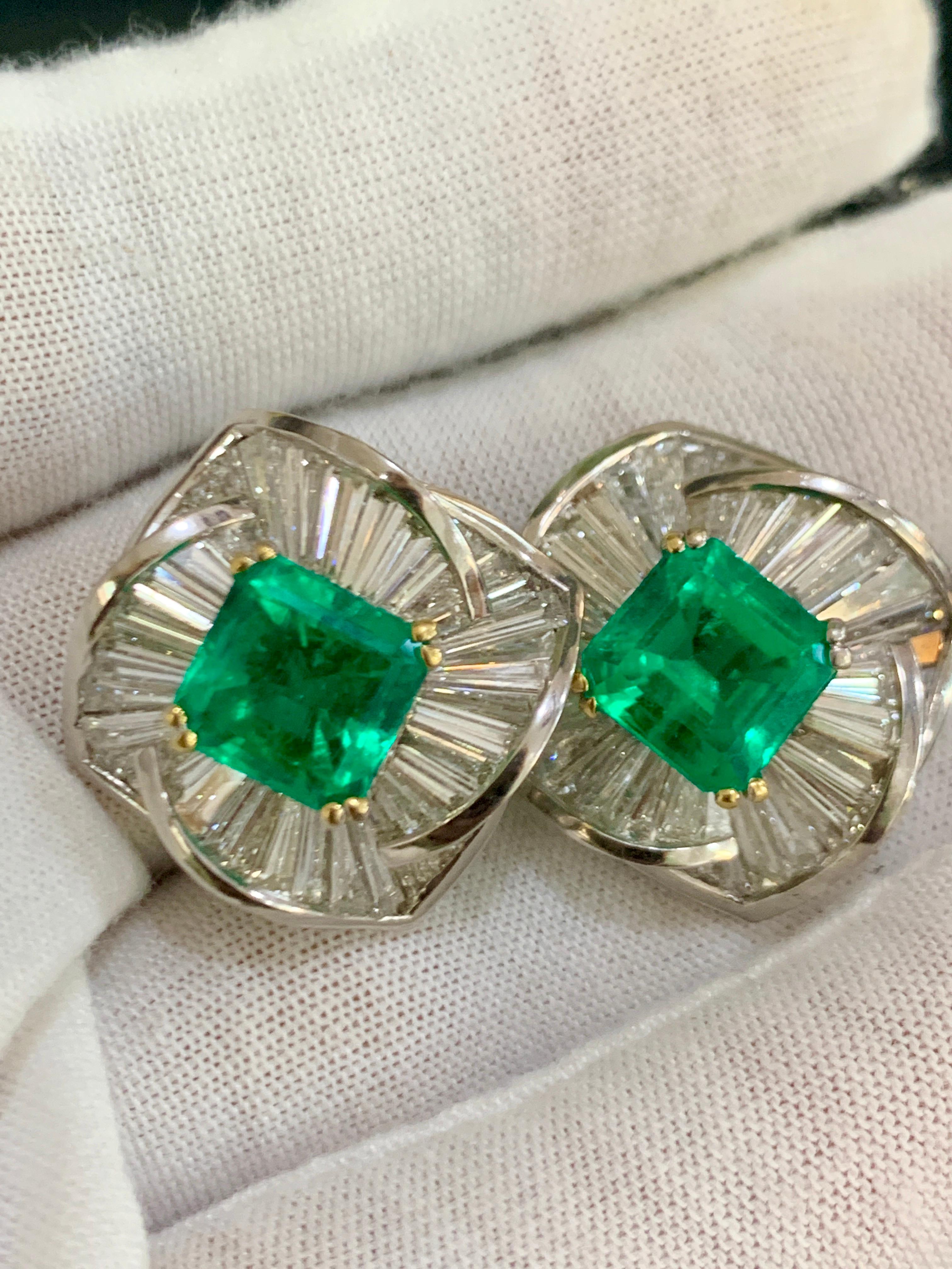 AGL Certified Minor 4ct Emerald Cut Colombian Emerald Diamond Earrings 18k Gold For Sale 5