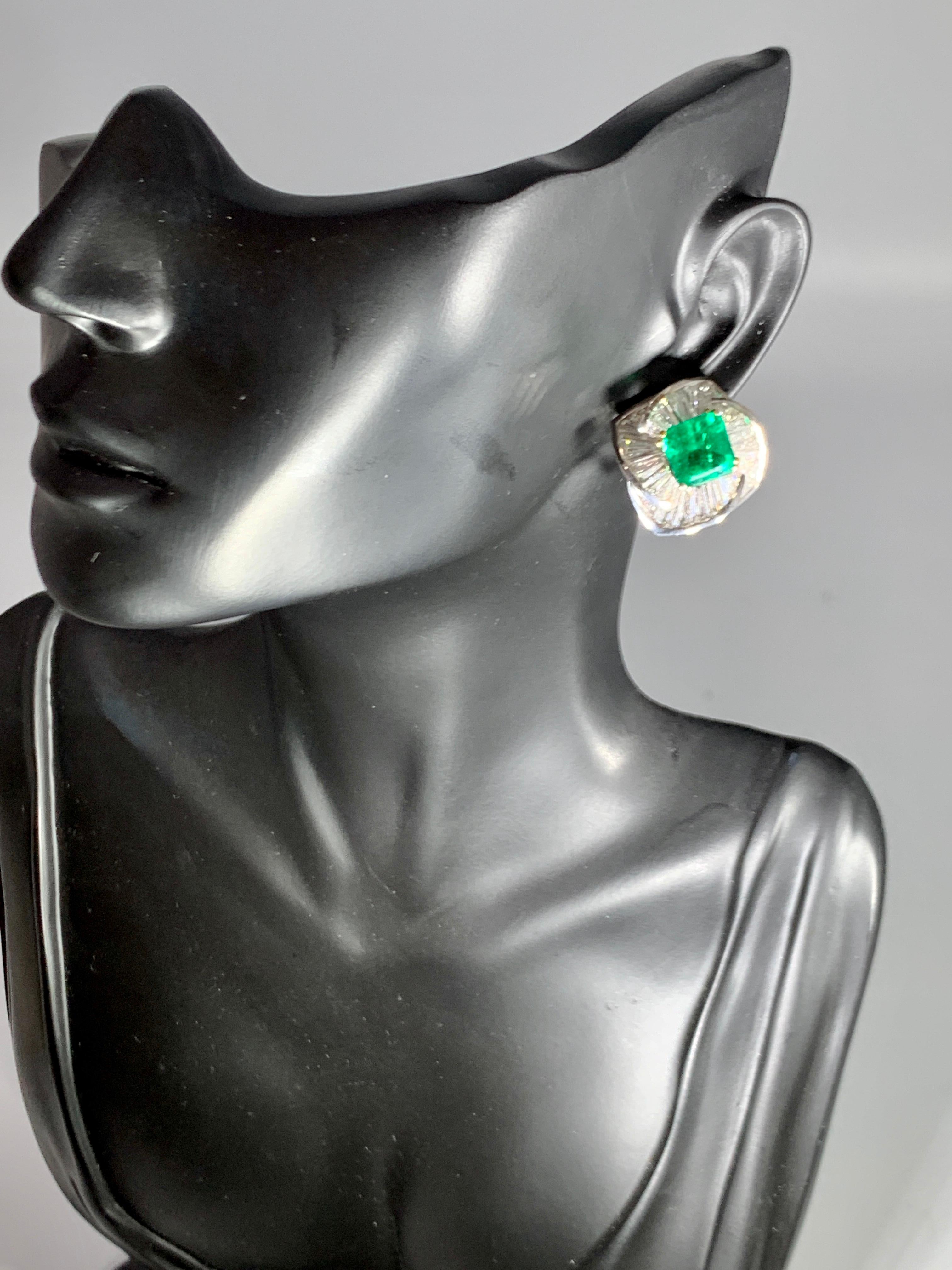 AGL Certified Minor 4ct Emerald Cut Colombian Emerald Diamond Earrings 18k Gold For Sale 6