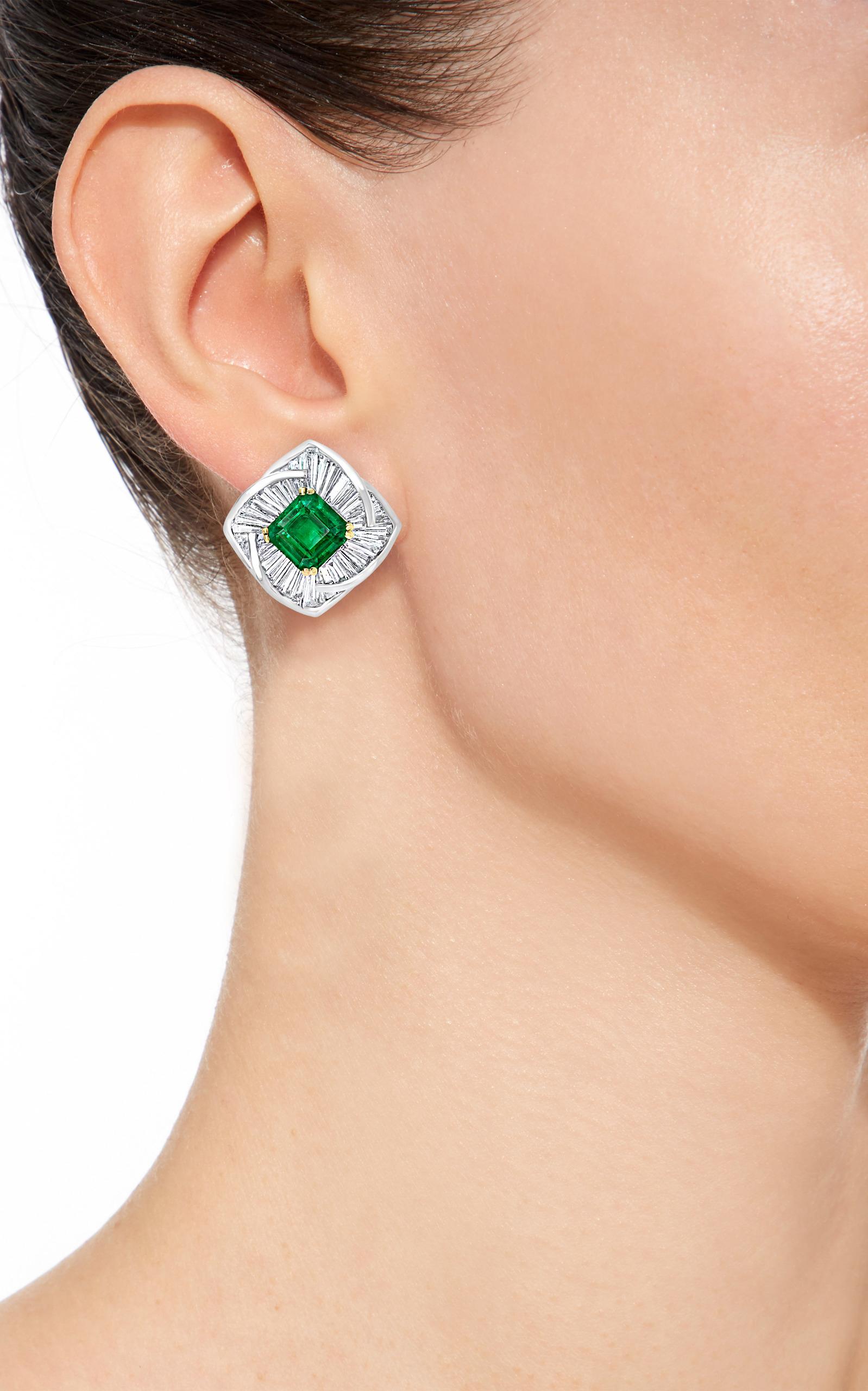 AGL Certified Minor 4ct Emerald Cut Colombian Emerald Diamond Earrings 18k Gold For Sale 4