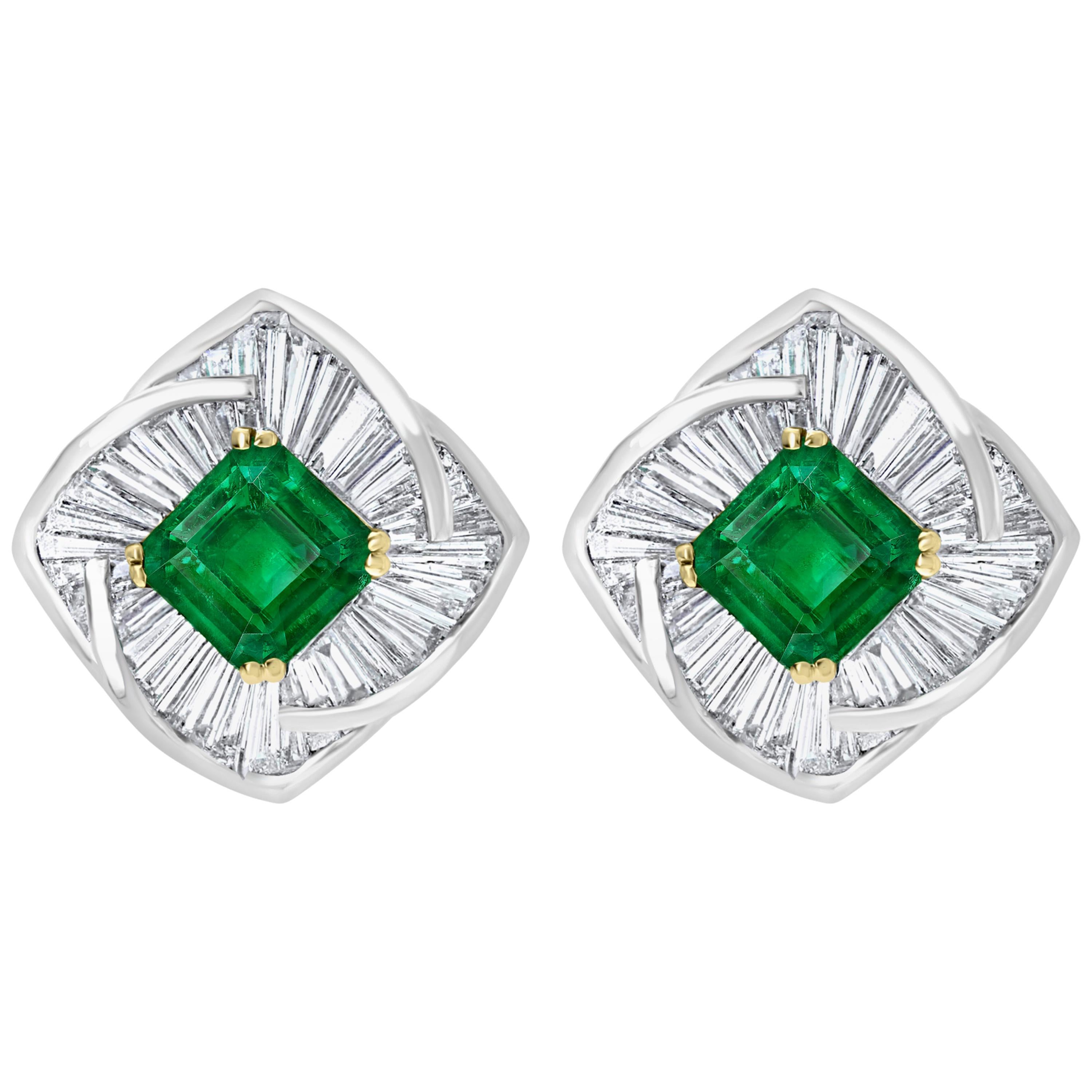 AGL Certified Minor 4ct Emerald Cut Colombian Emerald Diamond Earrings 18k Gold For Sale