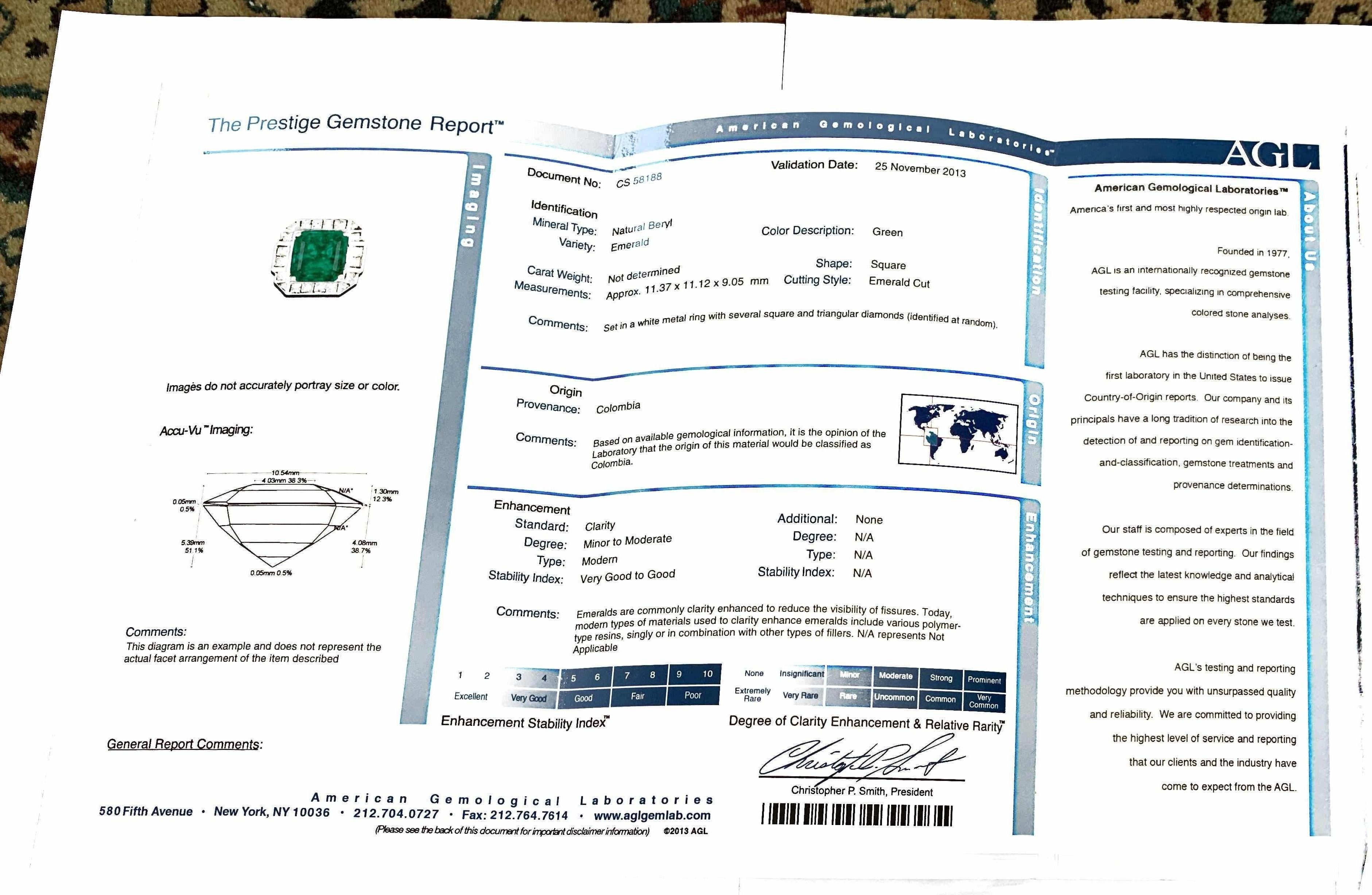 AGL Certified  Minor 9 Carat Emerald Cut Colombian Emerald and Diamond Ring  In Excellent Condition In New York, NY