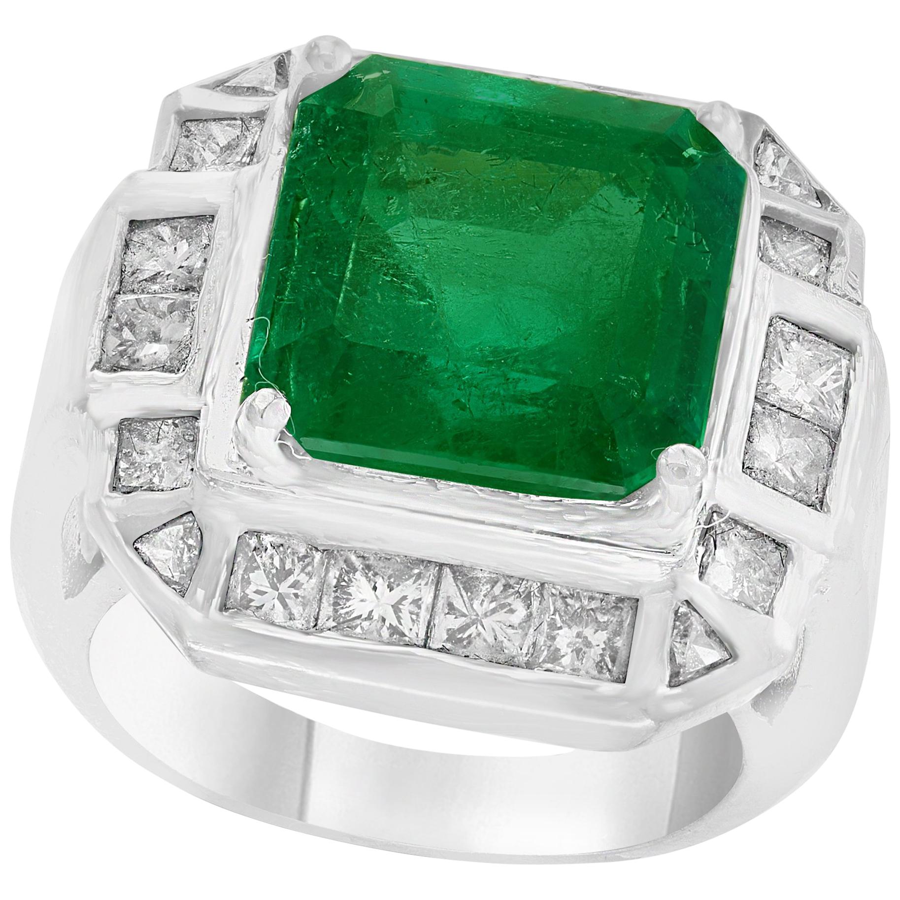 AGL Certified  Minor 9 Carat Emerald Cut Colombian Emerald and Diamond Ring