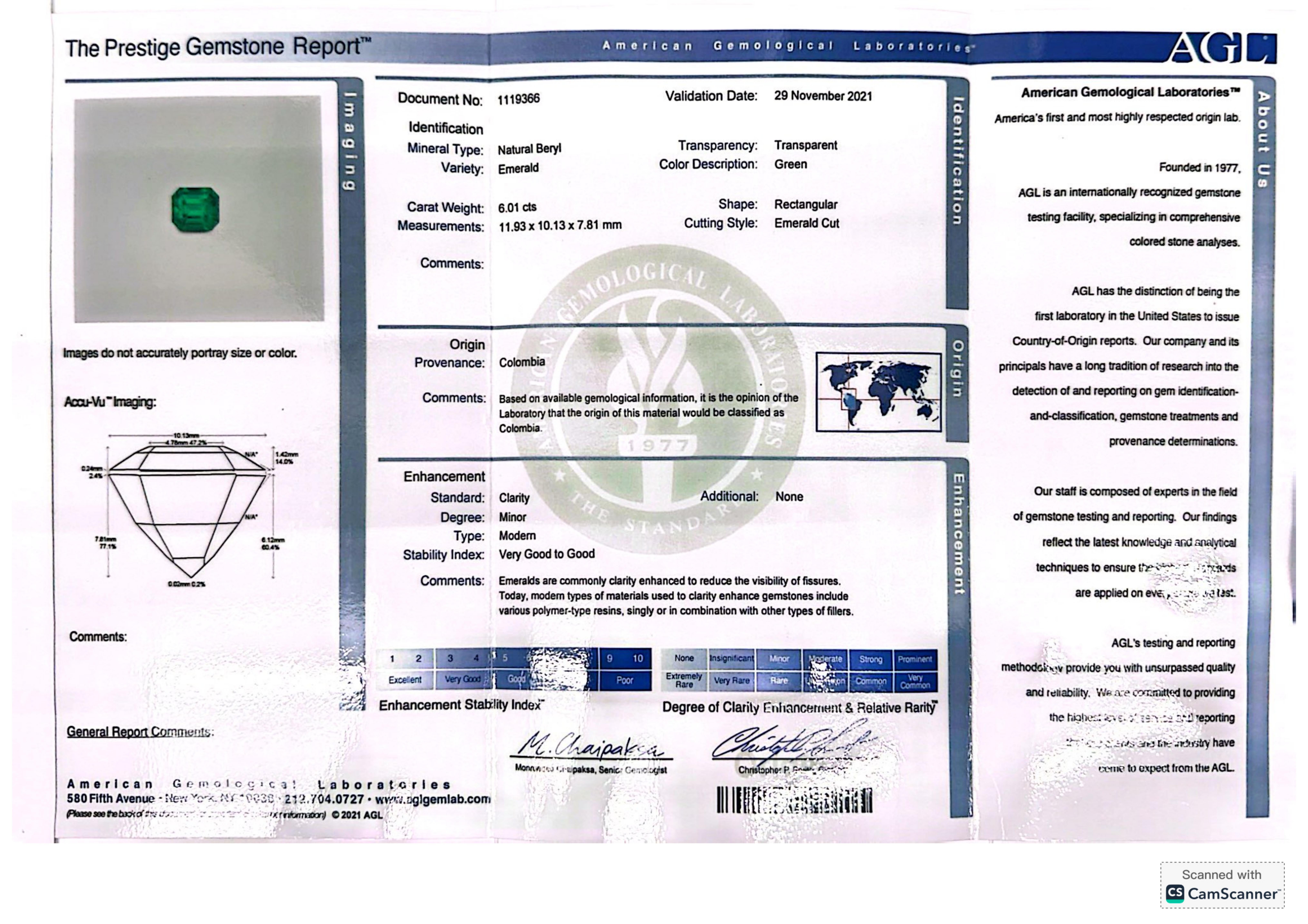 Emerald Cut AGL Certified Minor Oil 6 Carat COLOMBIAN Emerald Diamond Ring For Sale