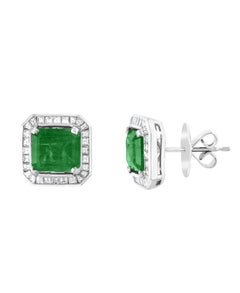 AGL Certified Minor Traditional 5 Carat Colombian Emerald Diamond  Stud Earrings