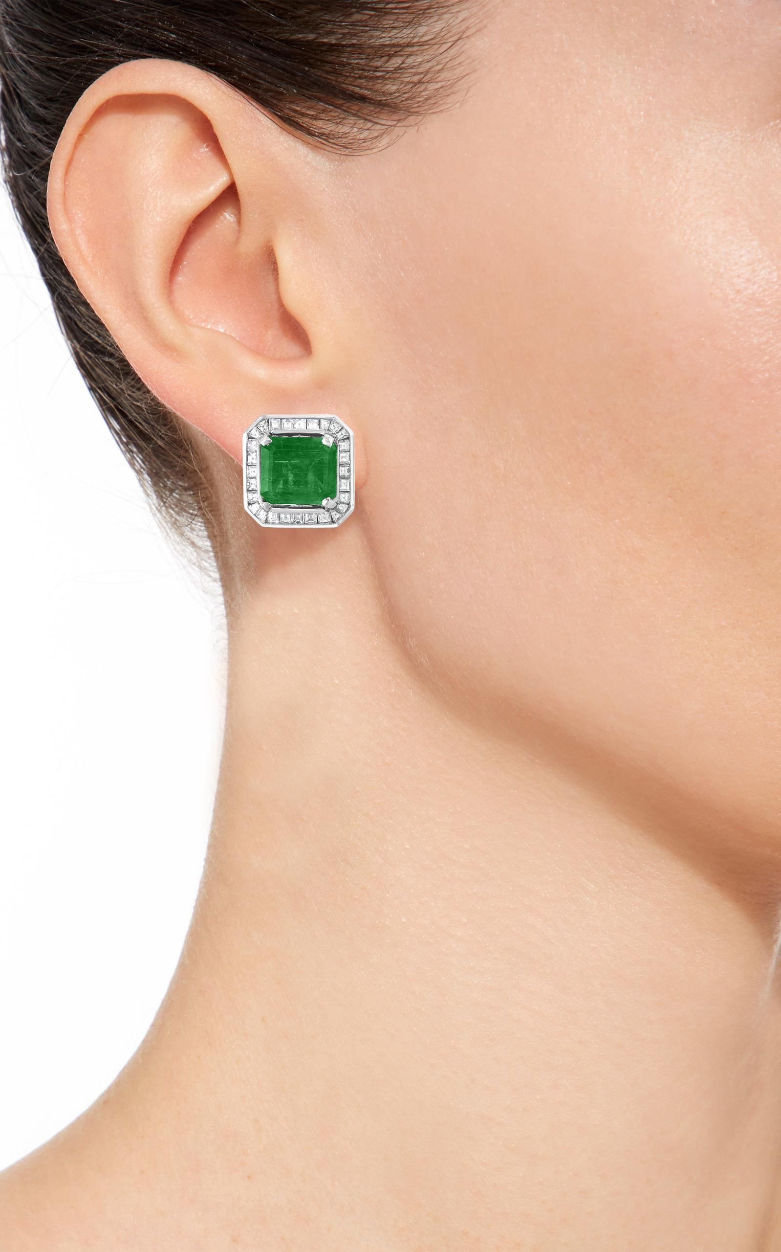 Emerald Cut AGL Certified Minor Traditional 5 Carat Colombian Emerald Diamond  Stud Earrings For Sale