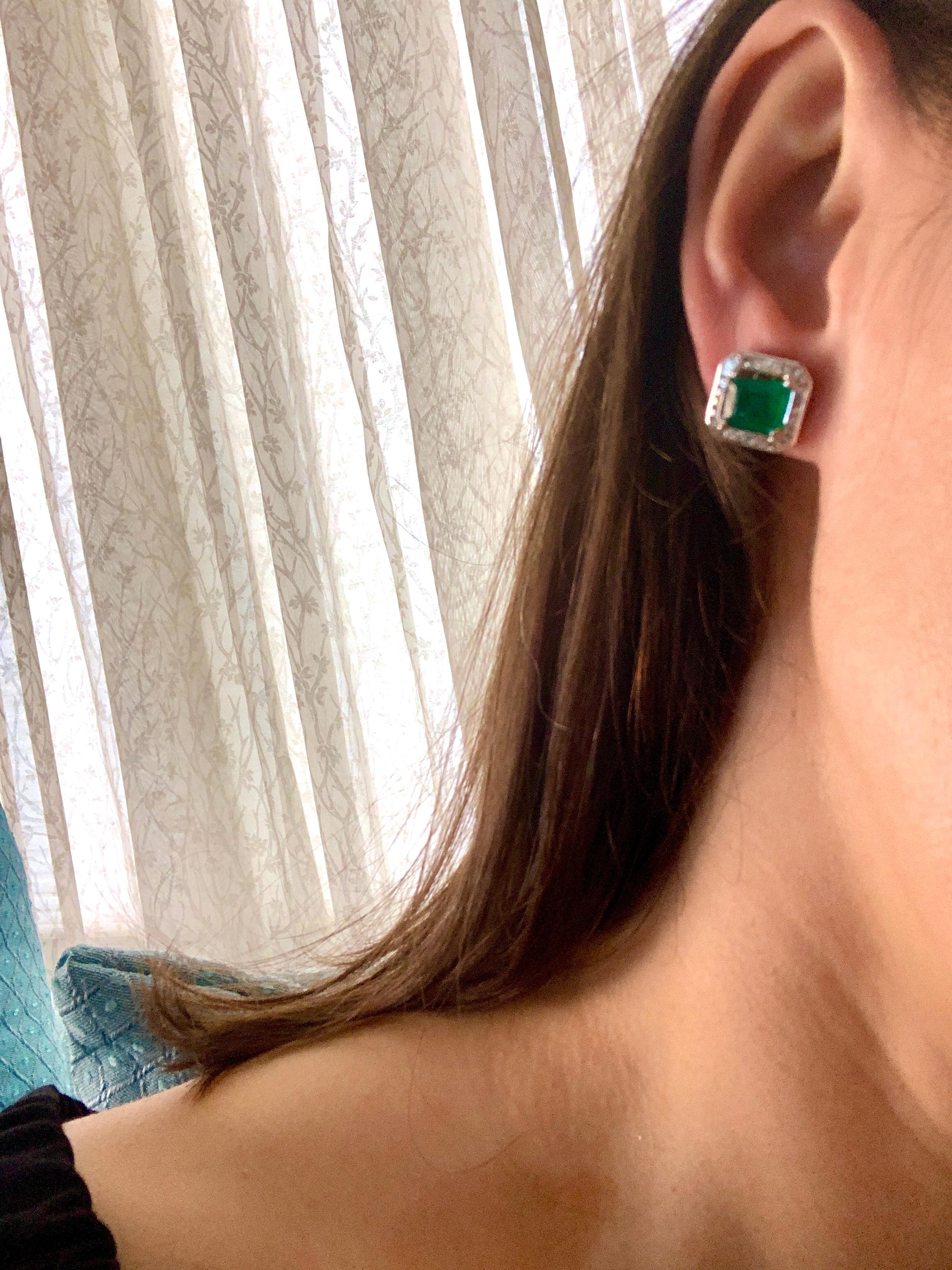 AGL Certified Minor Traditional 5 Carat Colombian Emerald Diamond  Stud Earrings For Sale 2