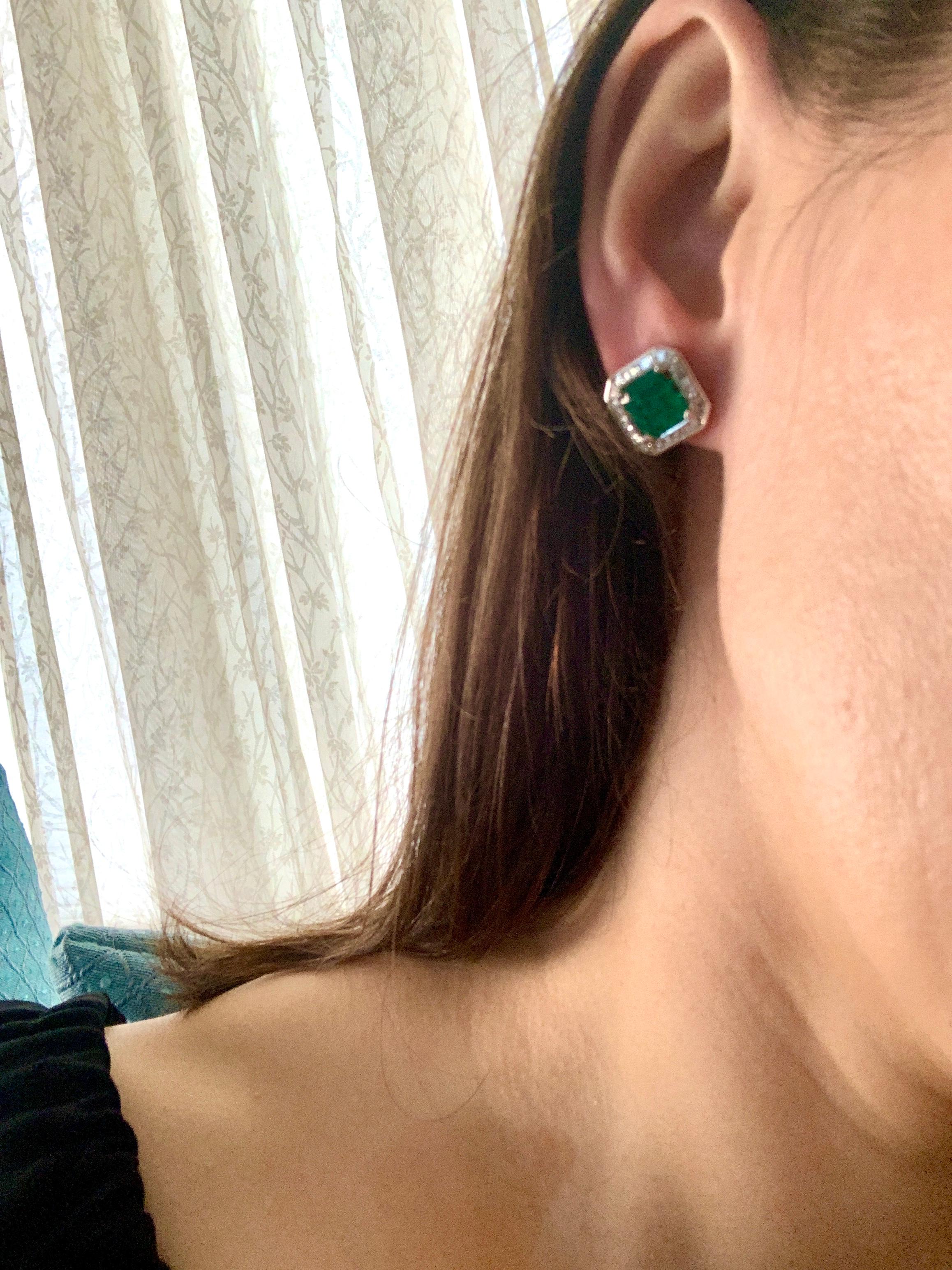 AGL Certified Minor Traditional 5 Carat Colombian Emerald Diamond  Stud Earrings For Sale 3