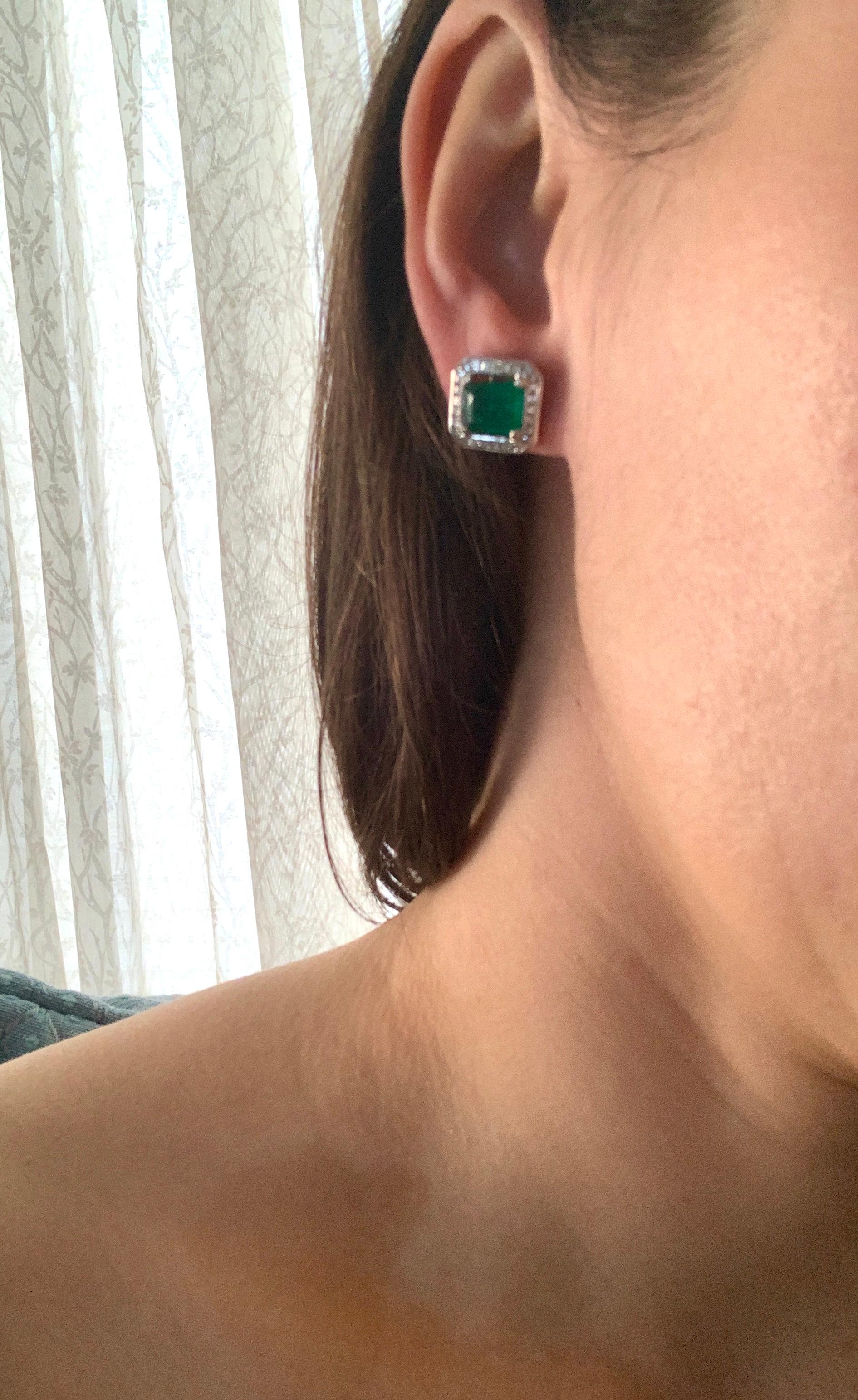 AGL Certified Minor Traditional 5 Carat Colombian Emerald Diamond  Stud Earrings For Sale 1