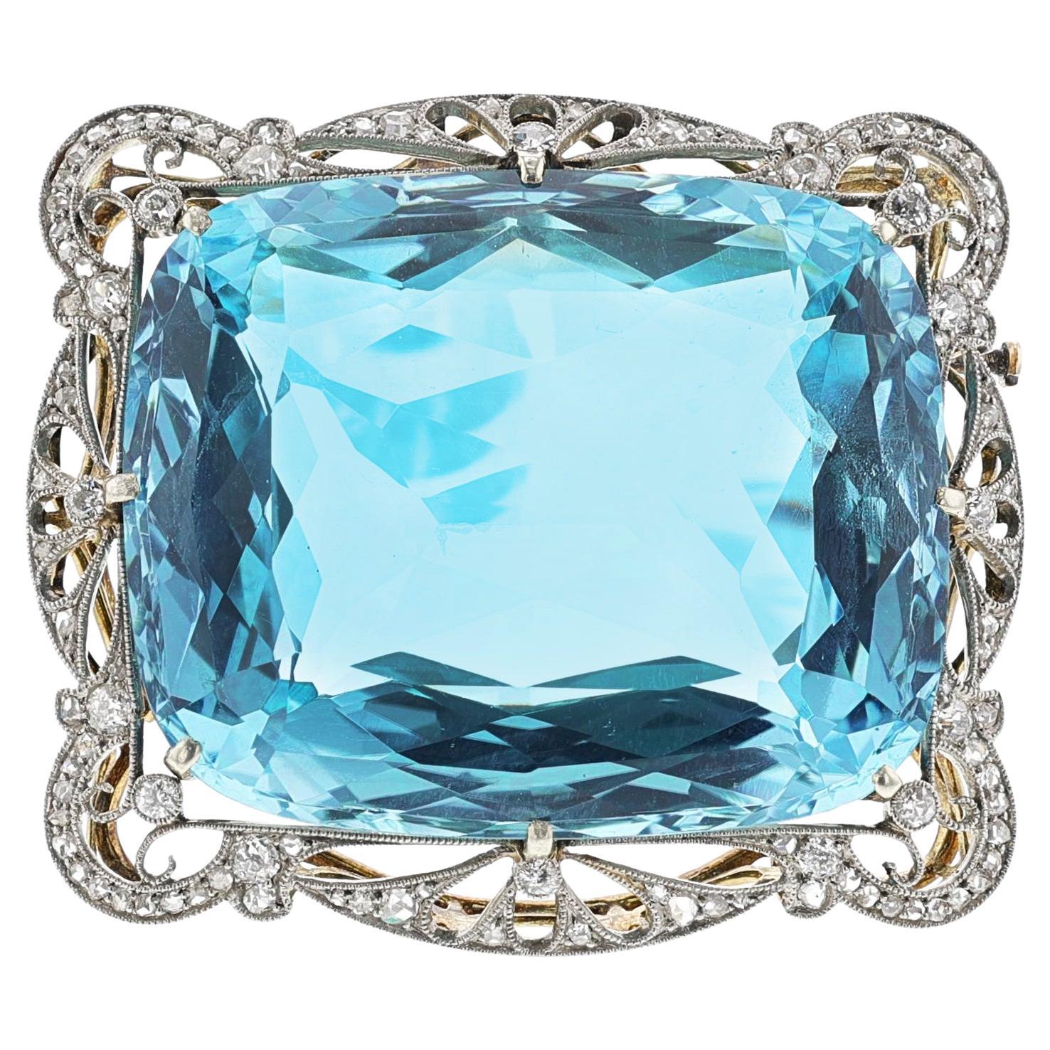 AGL Certified Natural 124.42 ct. Aquamarine and Diamond Brooch, Circa 1900s