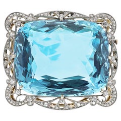 AGL Certified Natural 124.42 ct. Aquamarine and Diamond Brooch, Circa 1900s