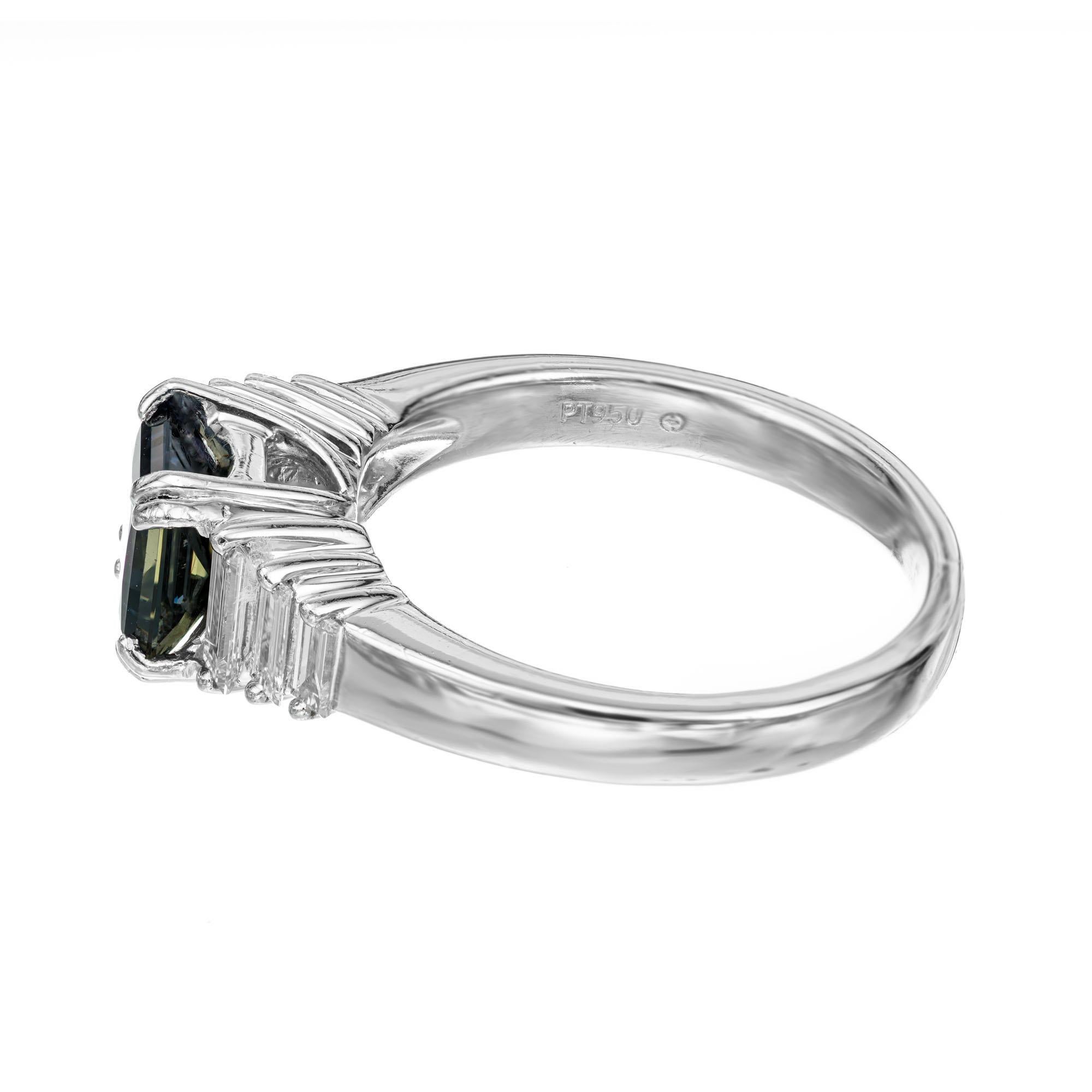 Square Cut AGL Certified Natural 1.41 Carat Green Sapphire Diamond Platinum Engagement Ring For Sale
