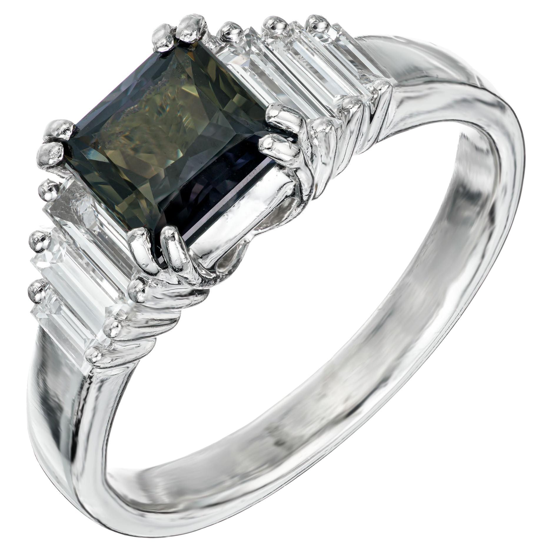 AGL Certified Natural 1.41 Carat Green Sapphire Diamond Platinum Engagement Ring For Sale