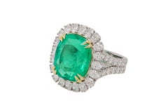 AGL Certified Natural 15.06 Carat Cushion Cut Colombian Emerald Ring
