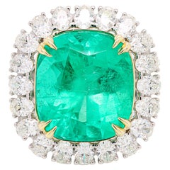 AGL Certified Natural 15.06 Carat Cushion Cut Colombian Emerald Ring