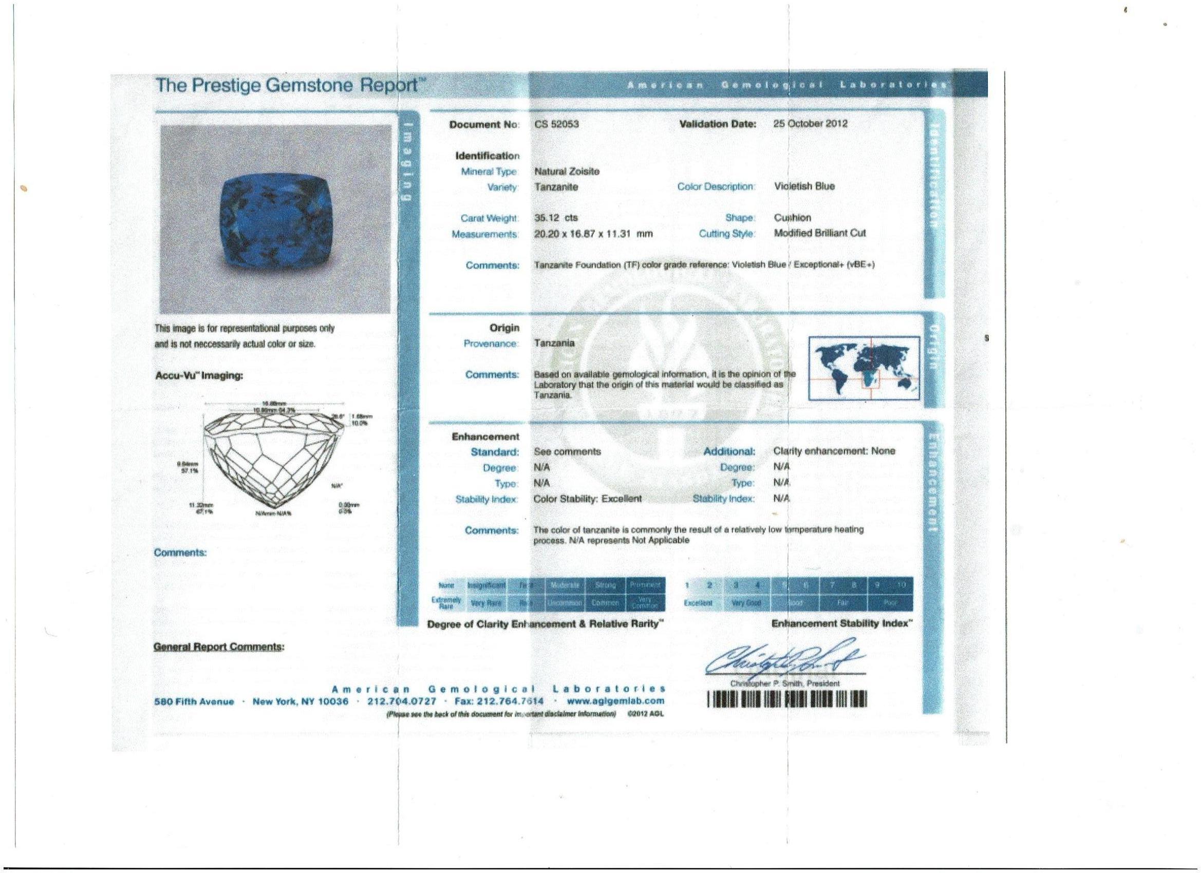 AGL Certified Natural 35.12 Carat Cushion-Cut Tanzanite Ring  4.5 Carat Diamonds For Sale 1