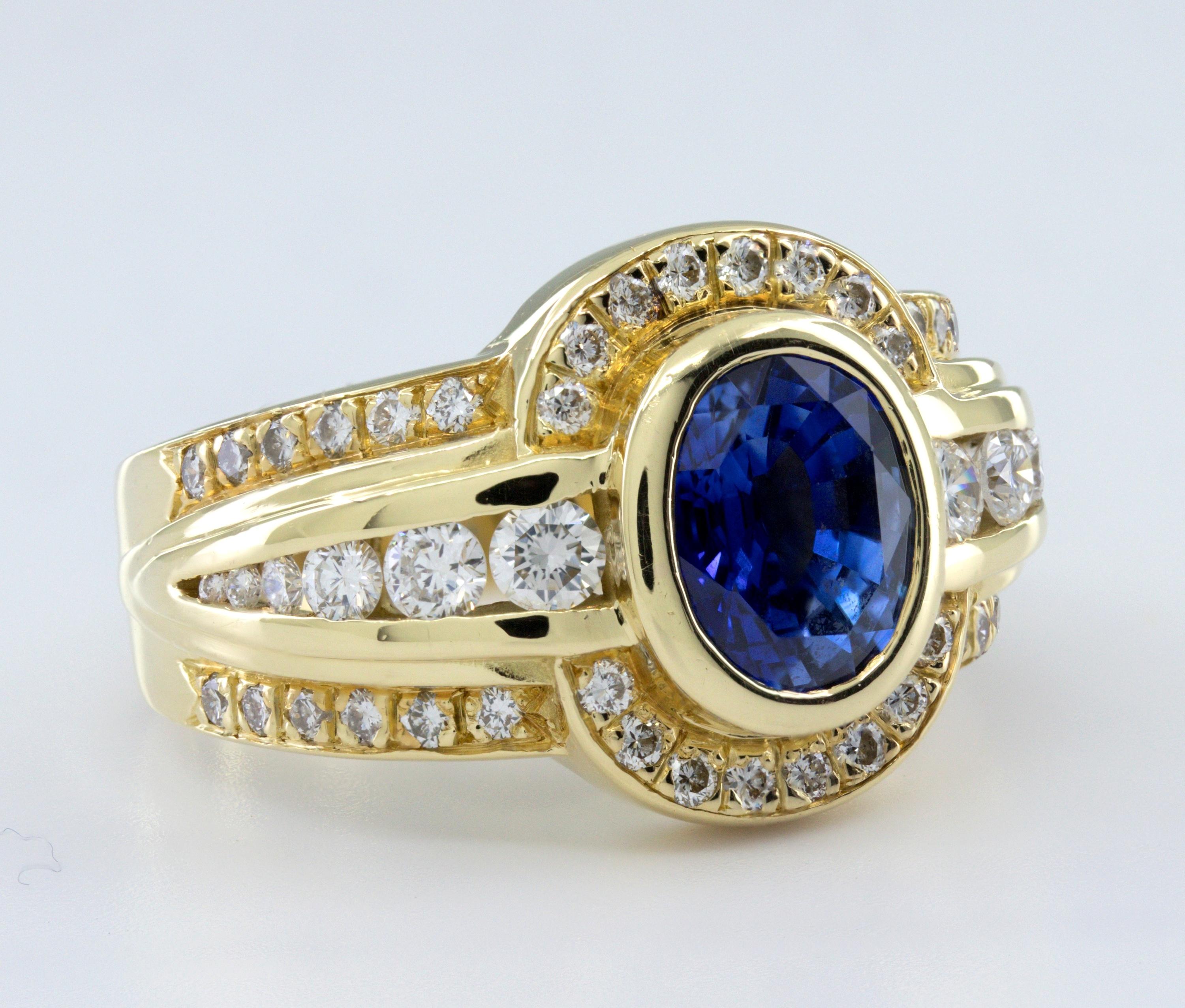 AGL Certified Natural Blue Sapphire, Diamond, 18K Yellow Gold Ring For Sale 5