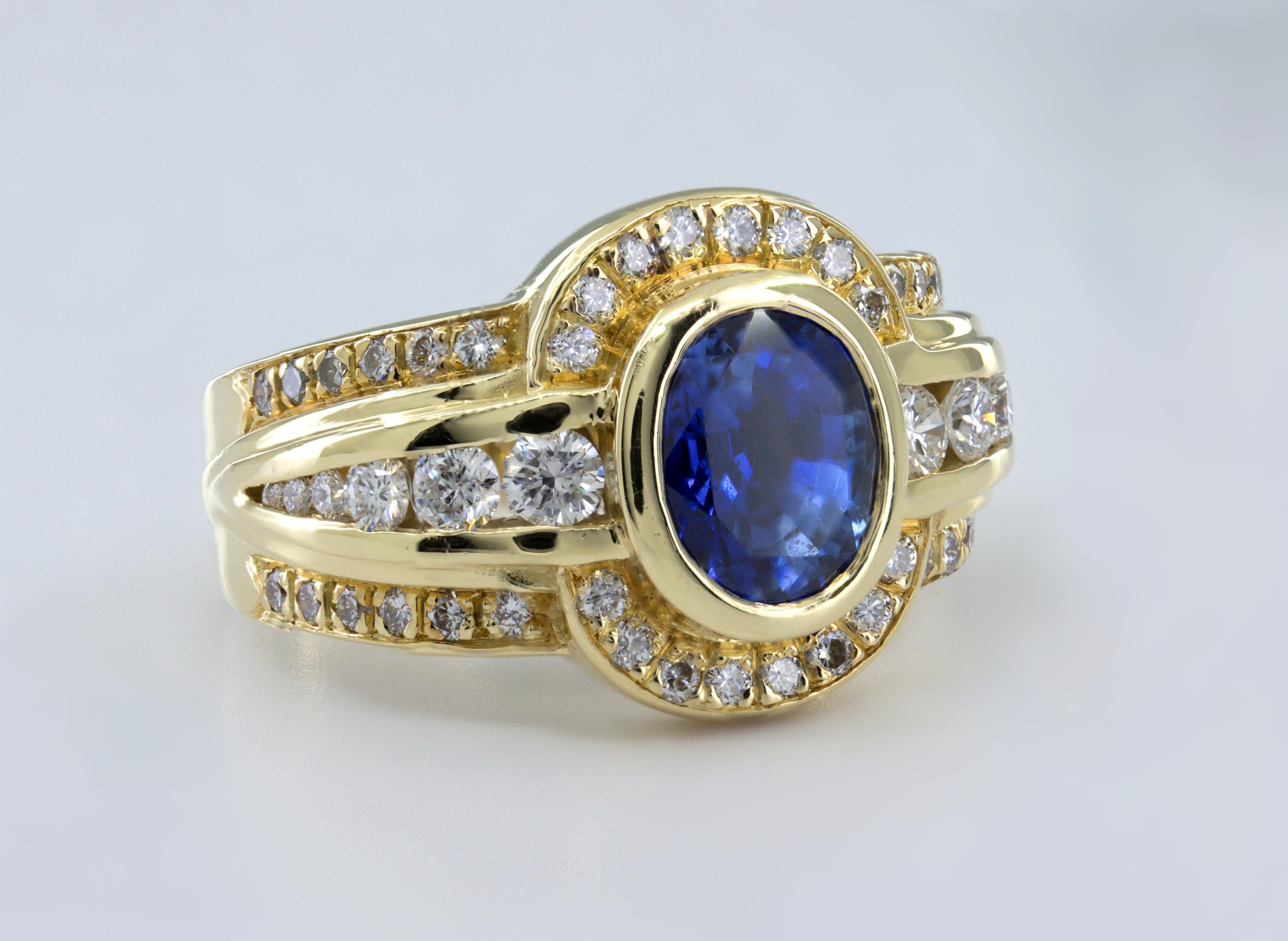 AGL Certified Natural Blue Sapphire, Diamond, 18K Yellow Gold Ring For Sale 6