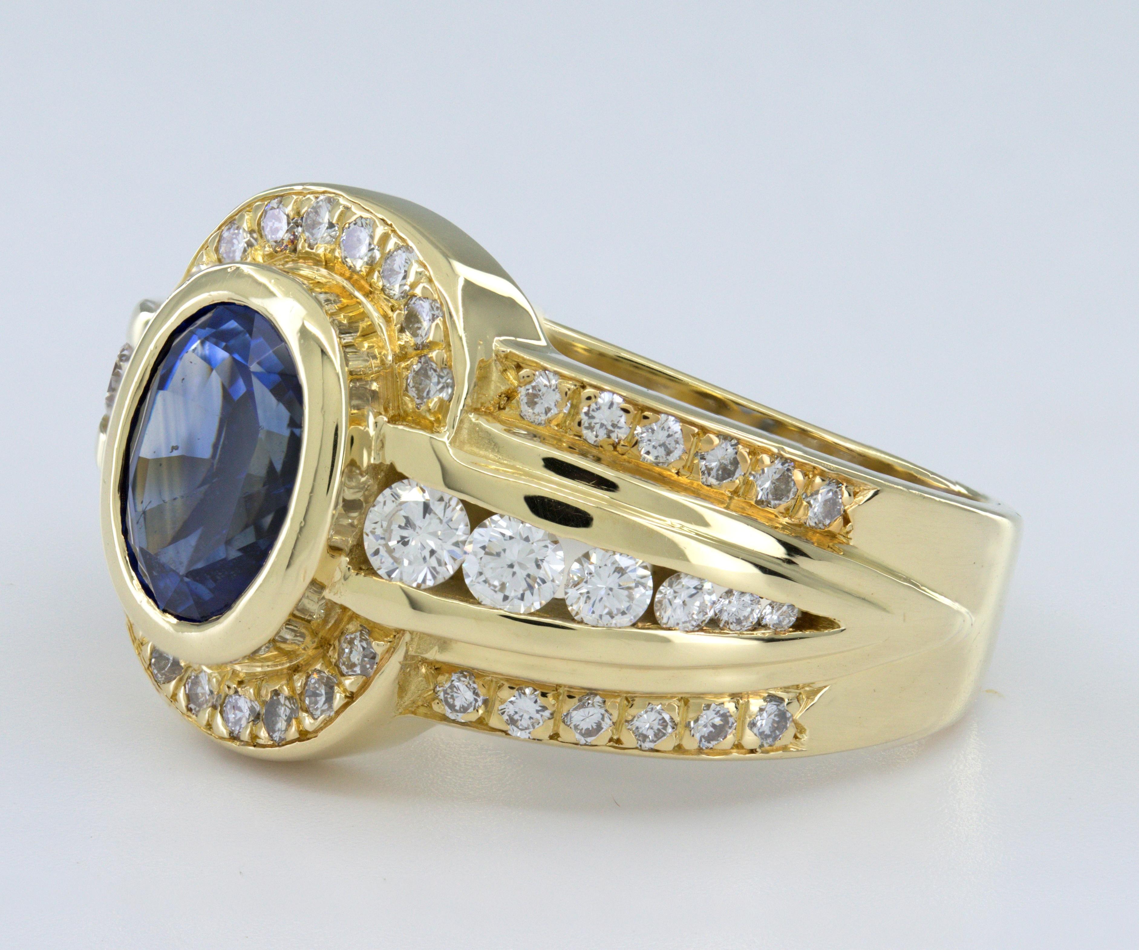 Artisan AGL Certified Natural Blue Sapphire, Diamond, 18K Yellow Gold Ring For Sale