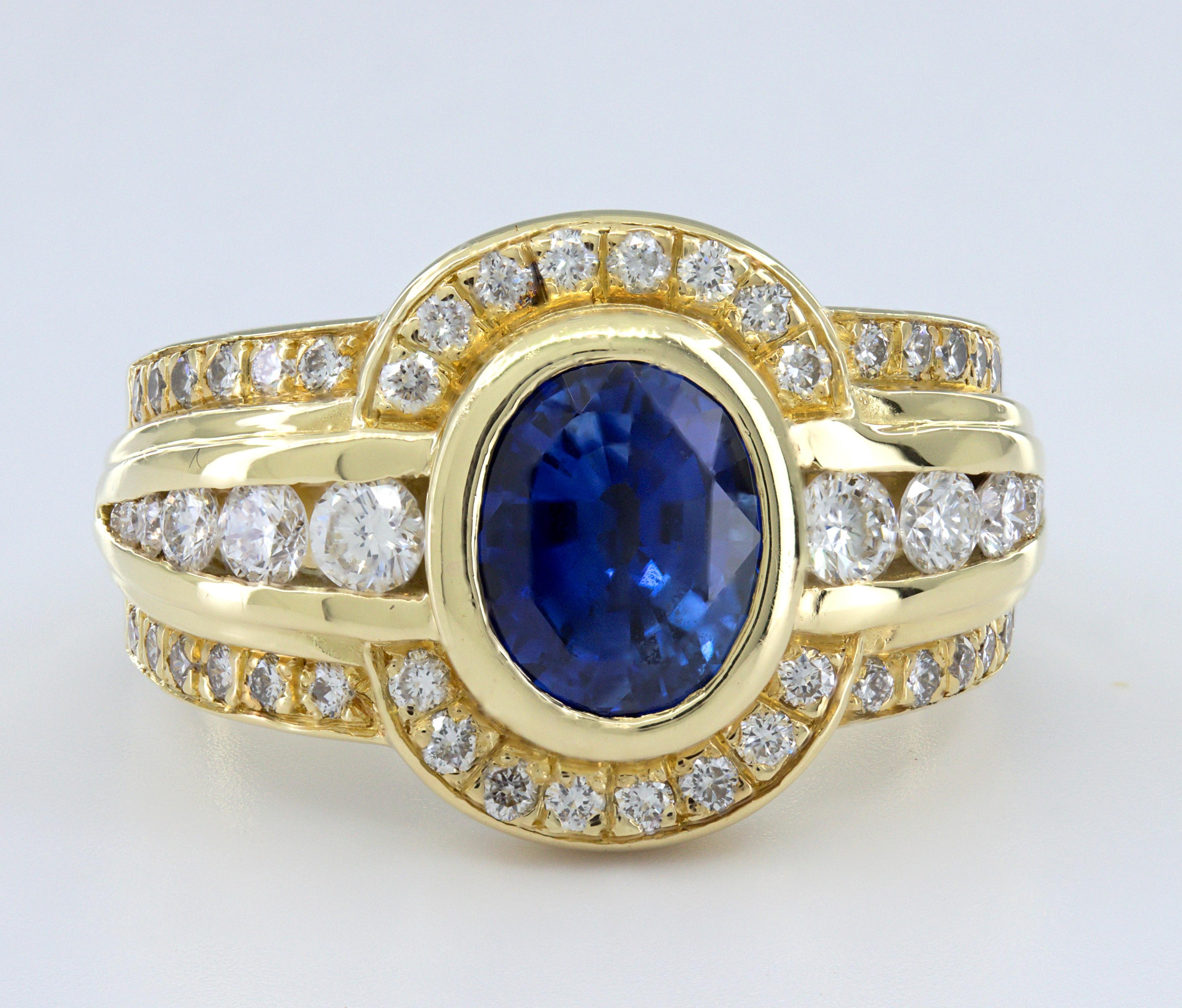 Mixed Cut AGL Certified Natural Blue Sapphire, Diamond, 18K Yellow Gold Ring For Sale