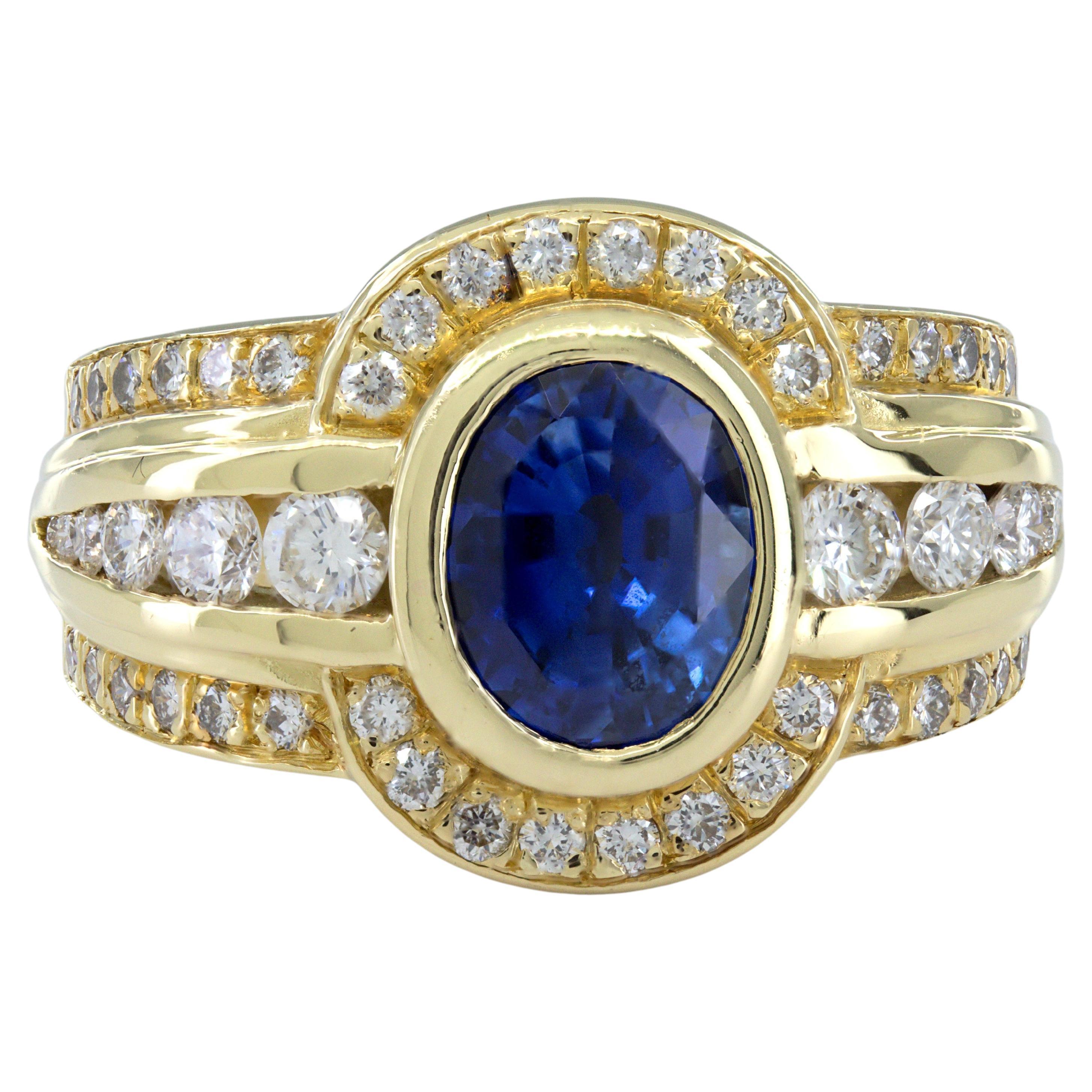 AGL Certified Natural Blue Sapphire, Diamond, 18K Yellow Gold Ring For Sale