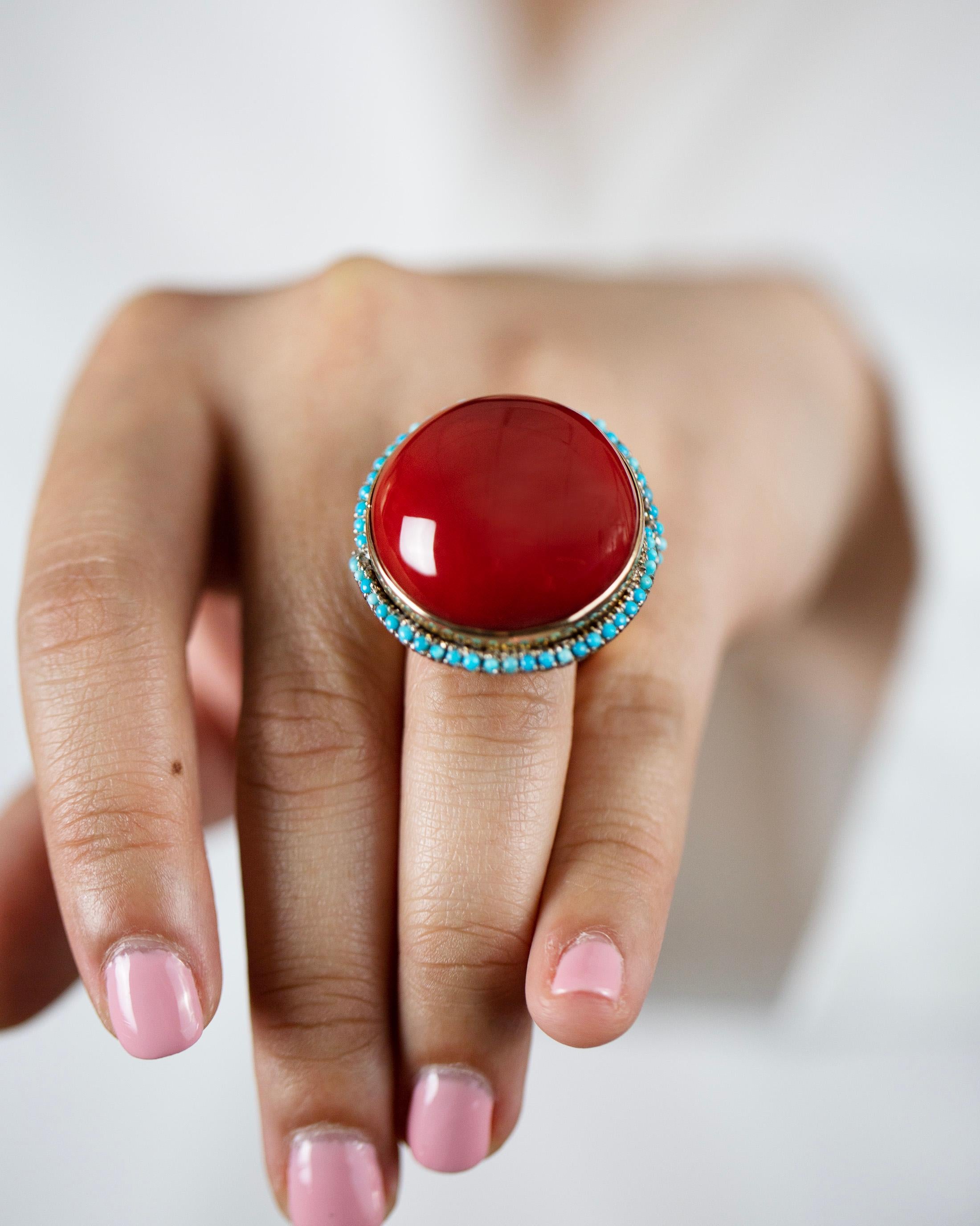 Round Cut AGL Certified Natural Cabochon Red Coral and Turquoise Halo Cocktail Ring For Sale