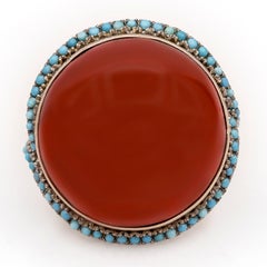 Natural Round Cabochon Red Coral & Turquoise Halo Large Cocktail Ring