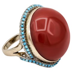 AGL Certified Natural Cabochon Red Coral and Turquoise Halo Cocktail Ring