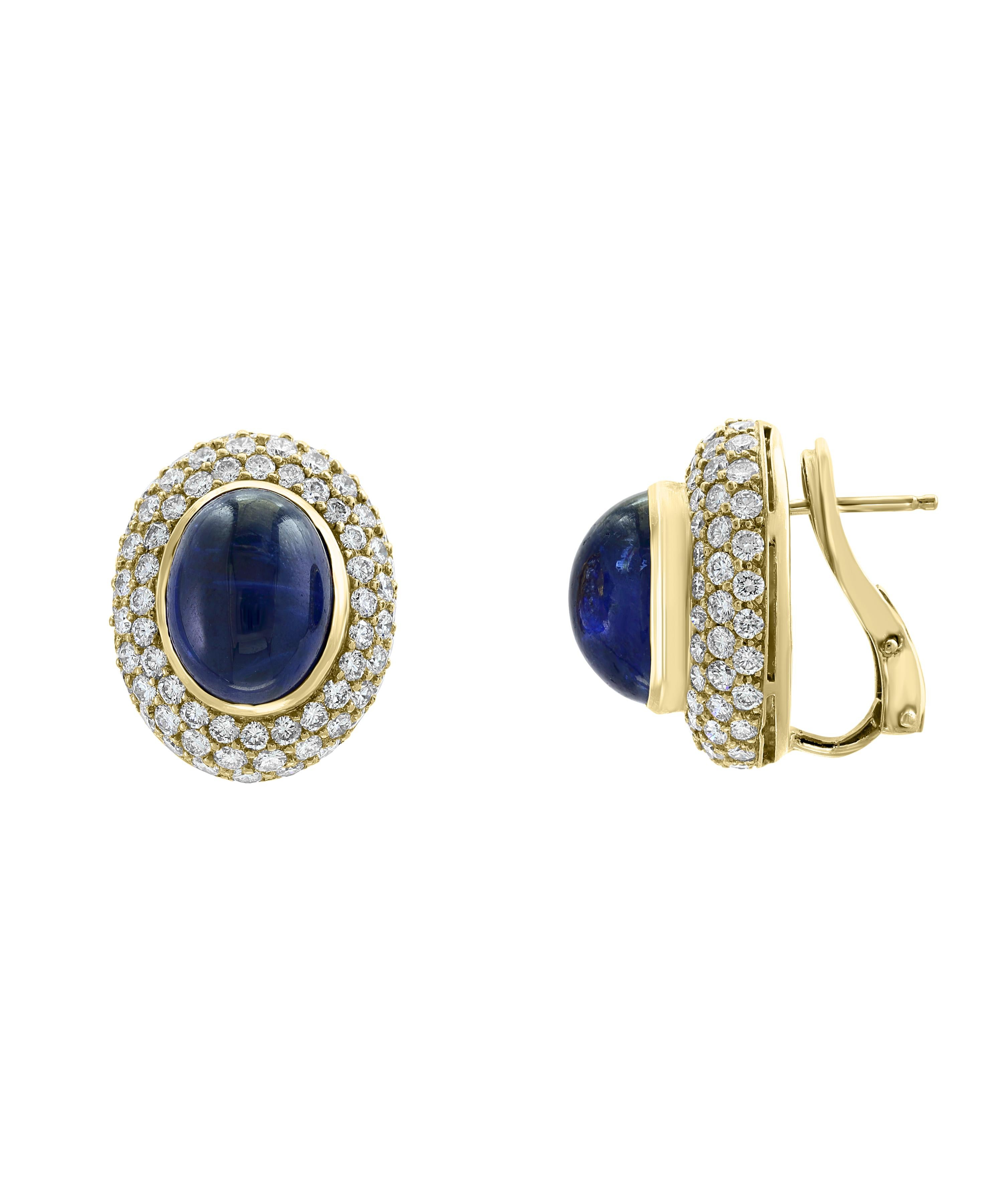 AGL Certified  Natural Ceylon Sapphire  Cabochon  Stud/clip  Earring 18 Kt Gold
15 Carat blue Ceylon  Sapphire  Cabochon and Diamond Stud  Earring 18 Karat White Gold.
 perfect pair made in  18 carat Yellow gold . 
18 K gold 23 Grams
 Diamonds: