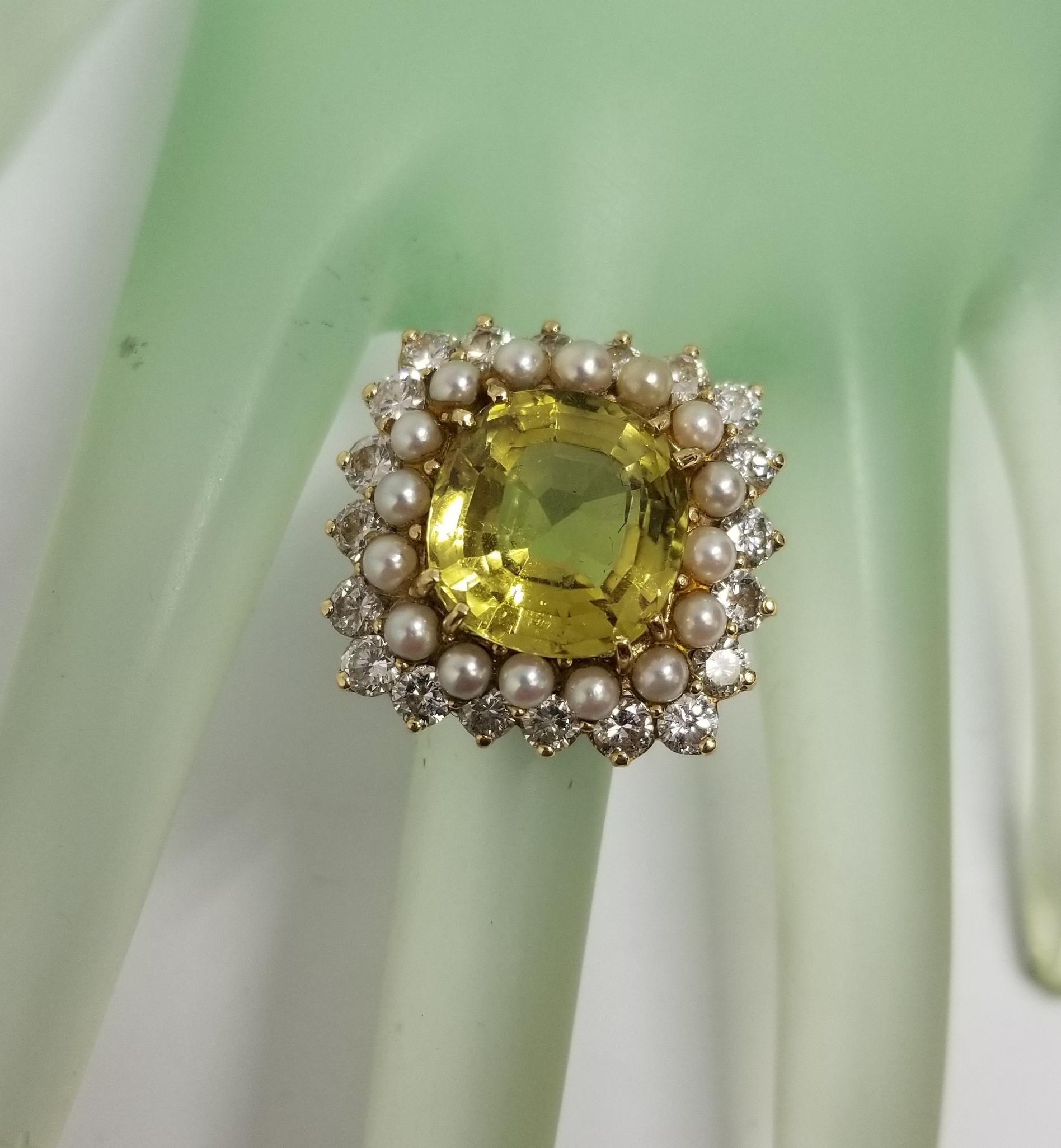 AGL Certified Natural Chrysoberyl Pearl and Diamond Ring In Excellent Condition For Sale In Los Angeles, CA