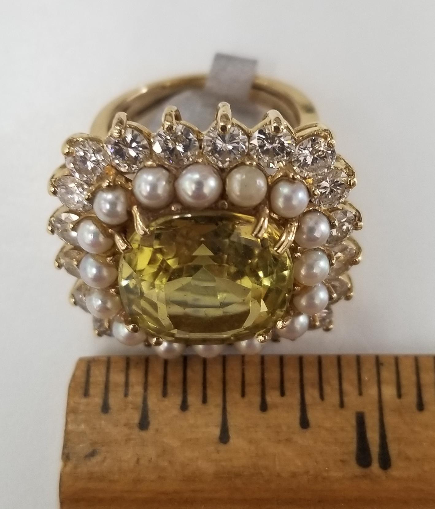 AGL Certified Natural Chrysoberyl Pearl and Diamond Ring For Sale 2