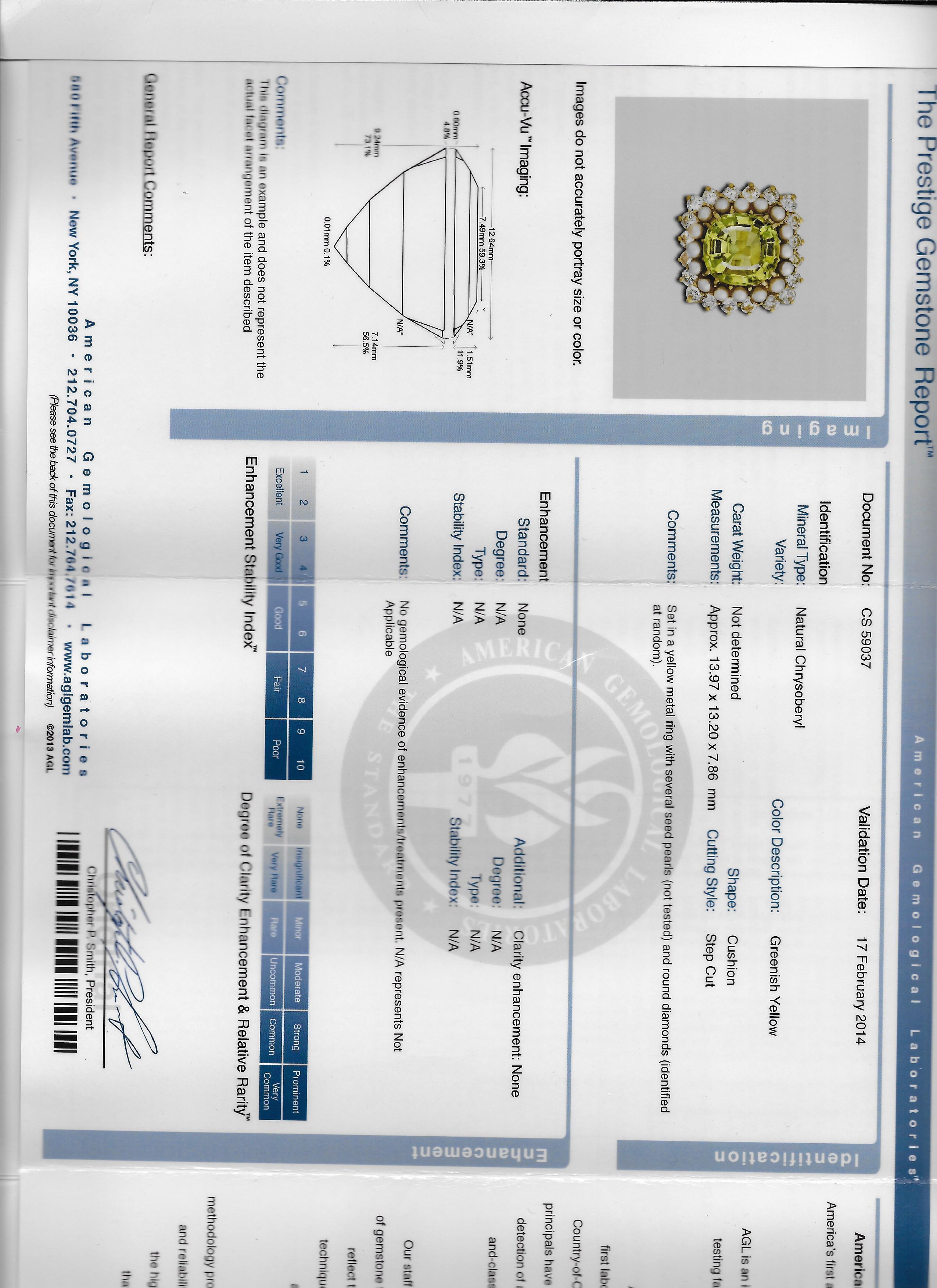 Ring mit natürlichem Chrysoberyll-Perlen- und Diamanten, AGL-zertifiziert im Angebot 3