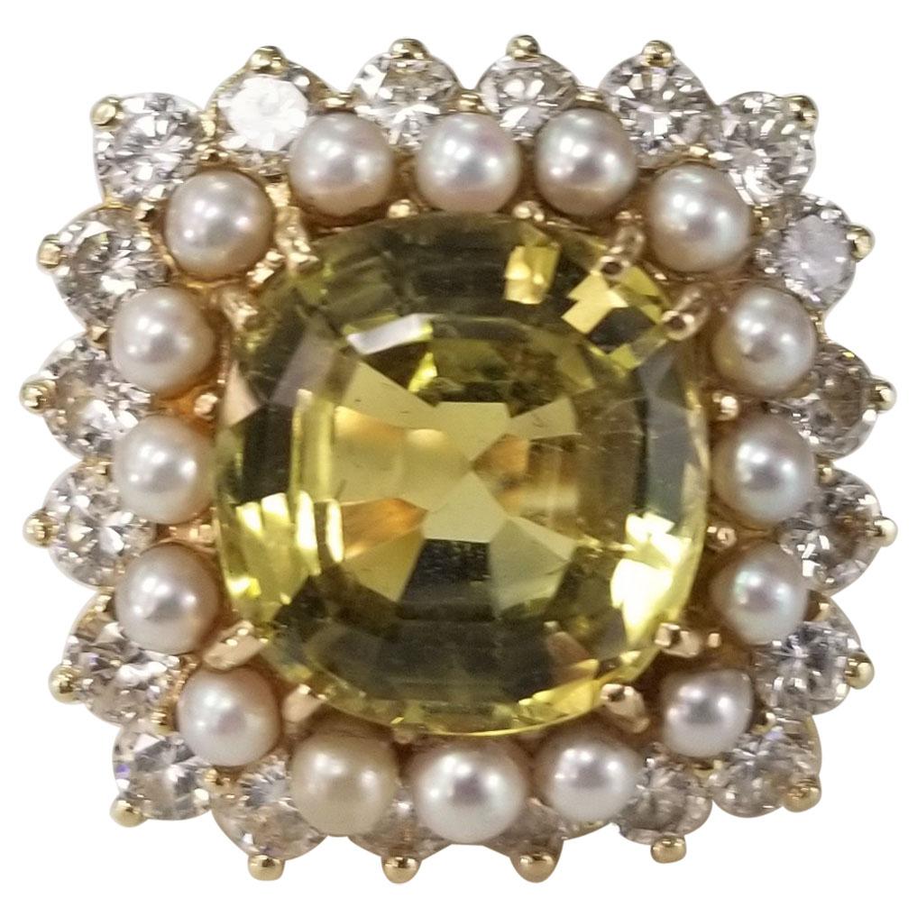 AGL Certified Natural Chrysoberyl Pearl and Diamond Ring For Sale