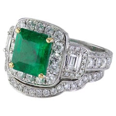 AGL Certified Natural Colombian Emerald, Diamond, 18K White Gold Ring Set