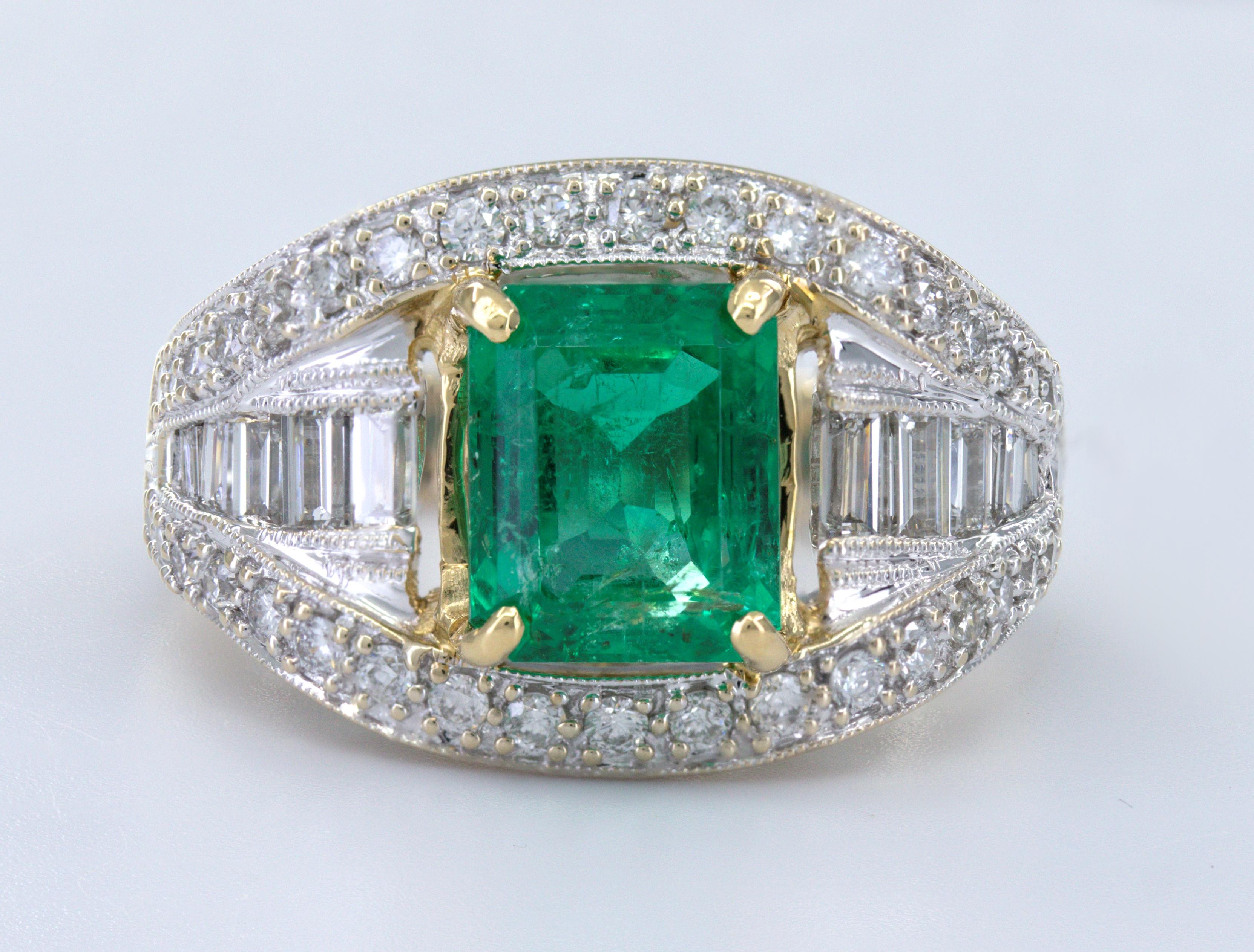 Artisan AGL Certified Natural Emerald, Diamond, 18K Yellow Gold Ring For Sale