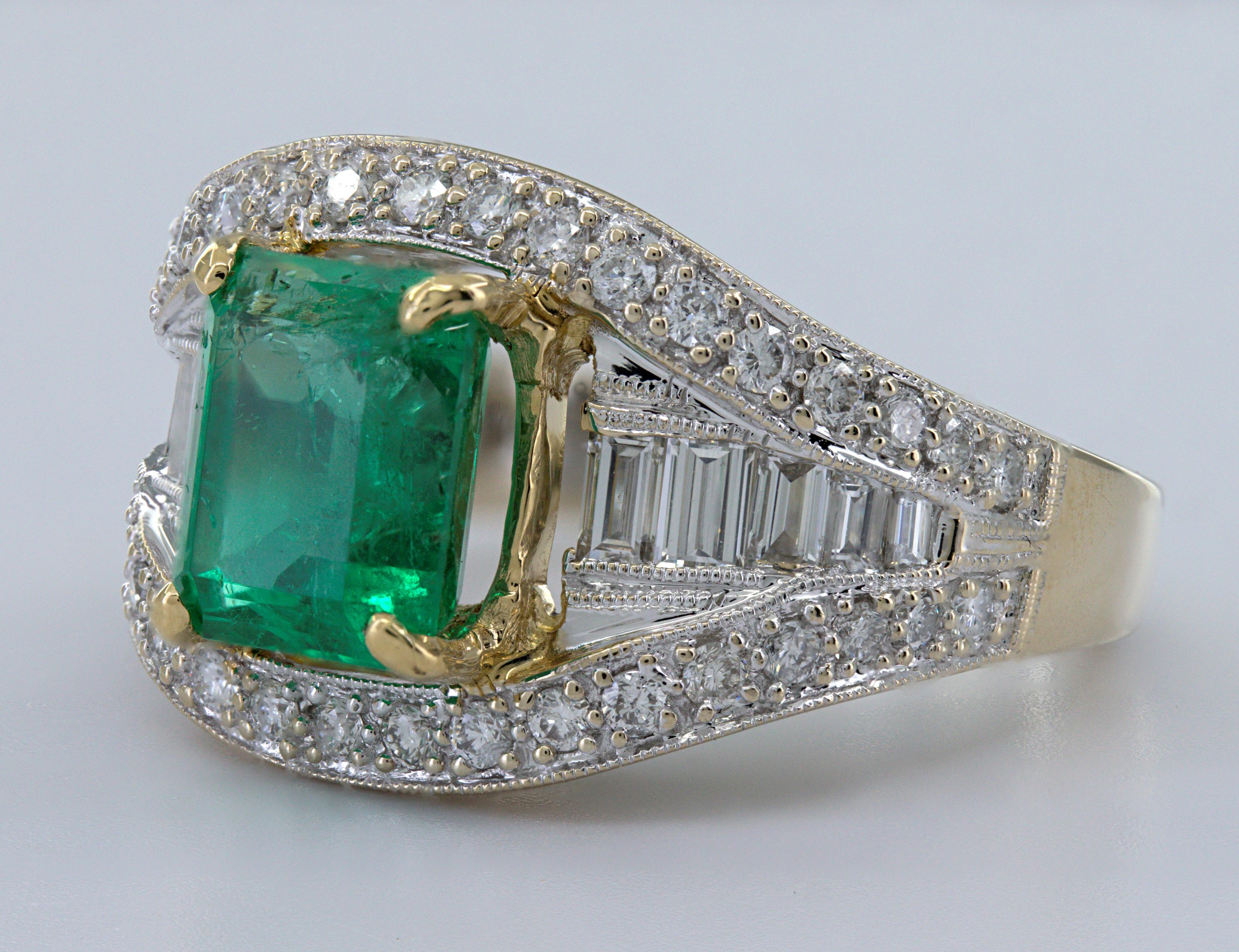 AGL Certified Natural Emerald, Diamond, 18K Yellow Gold Ring For Sale 2
