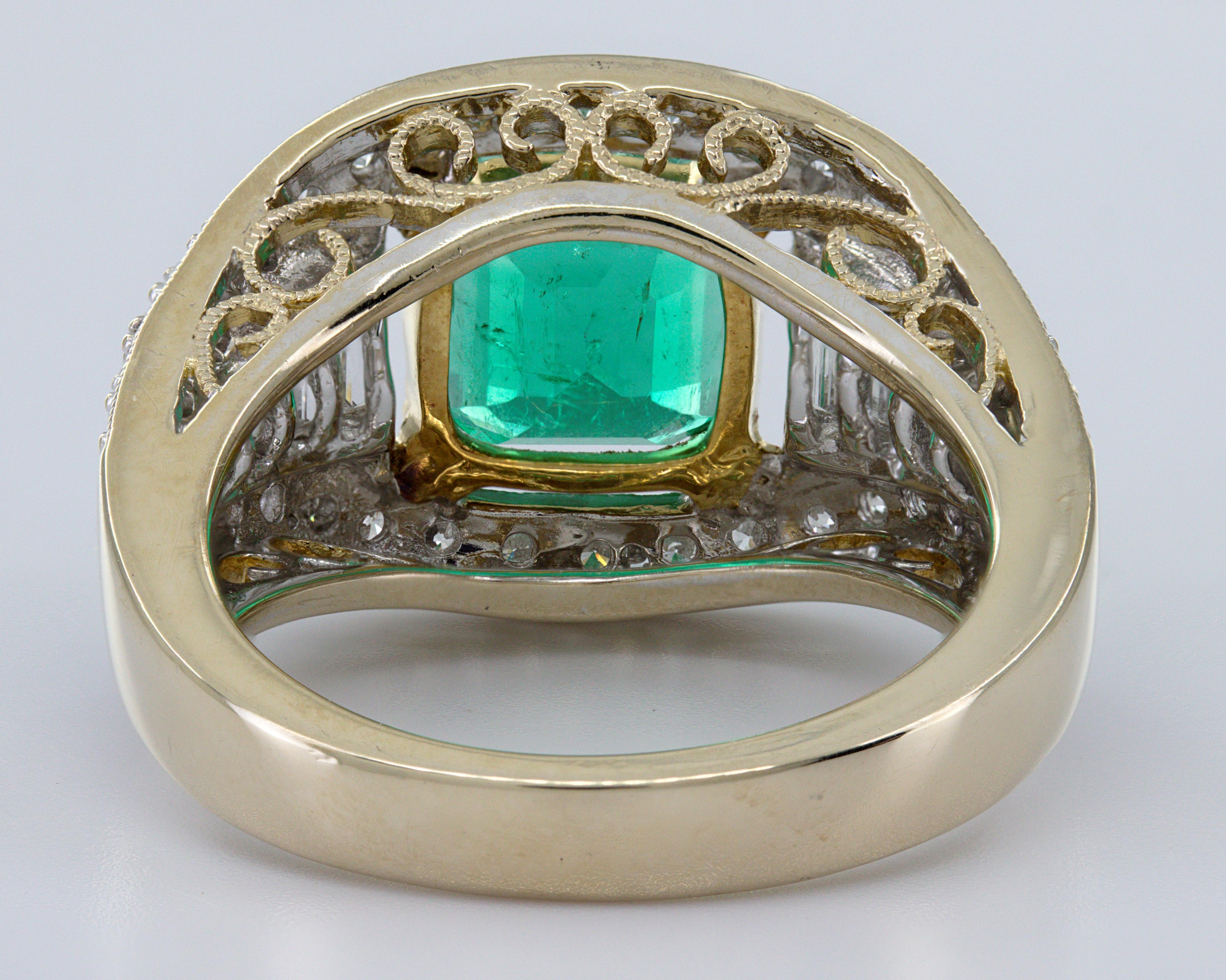 AGL Certified Natural Emerald, Diamond, 18K Yellow Gold Ring For Sale 3