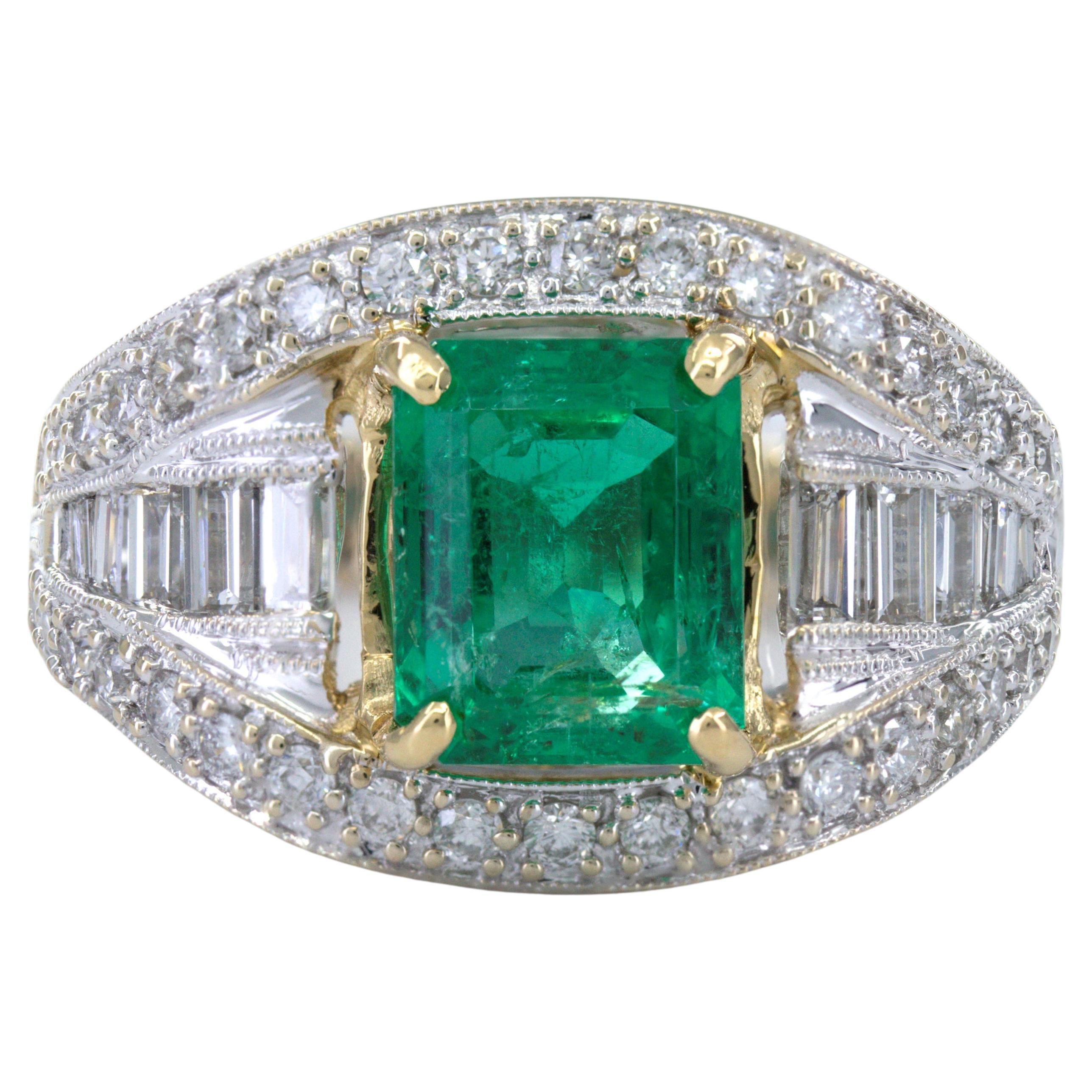 Featuring (1) emerald-cut emerald 2.20 cts., accompanied with an AGL Report 1132180, dated 23 May
2023, stating Afghanistan origin and traditional, minor enhancements, accented by (10) baguette-cut
and (38) full-cut diamonds, 1.00 ct. tw., VS-I,