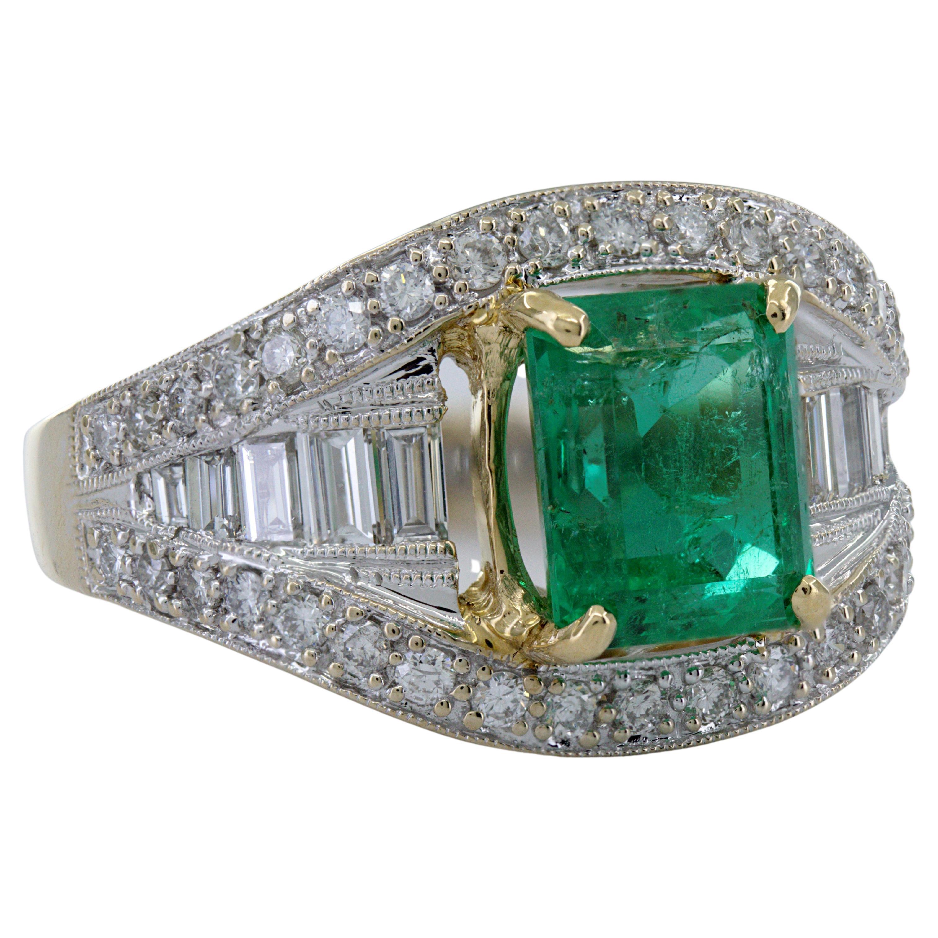AGL Certified Natural Emerald, Diamond, 18K Yellow Gold Ring For Sale