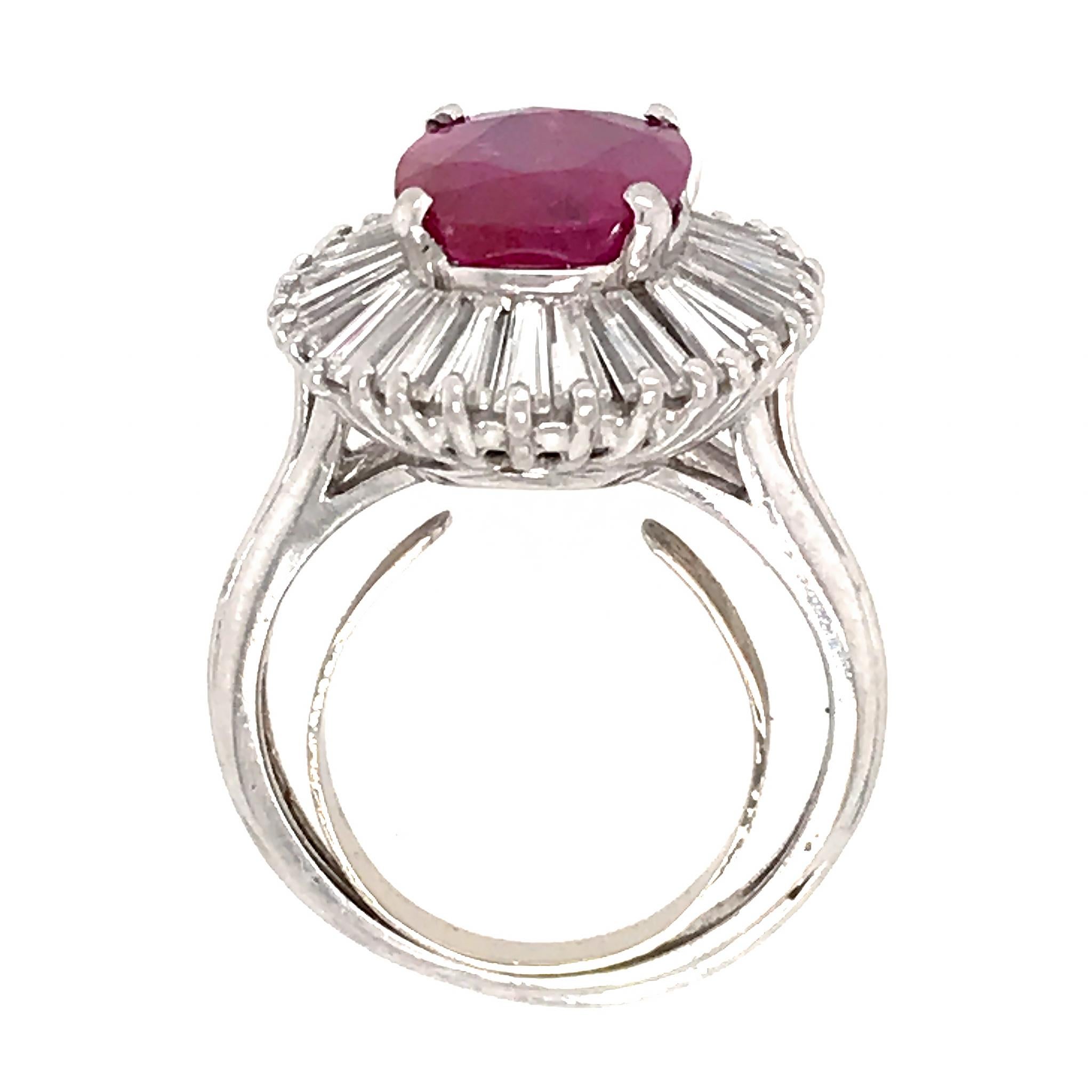 Baguette Cut AGL Certified Natural Ruby and Diamond Ballerina Style Ring