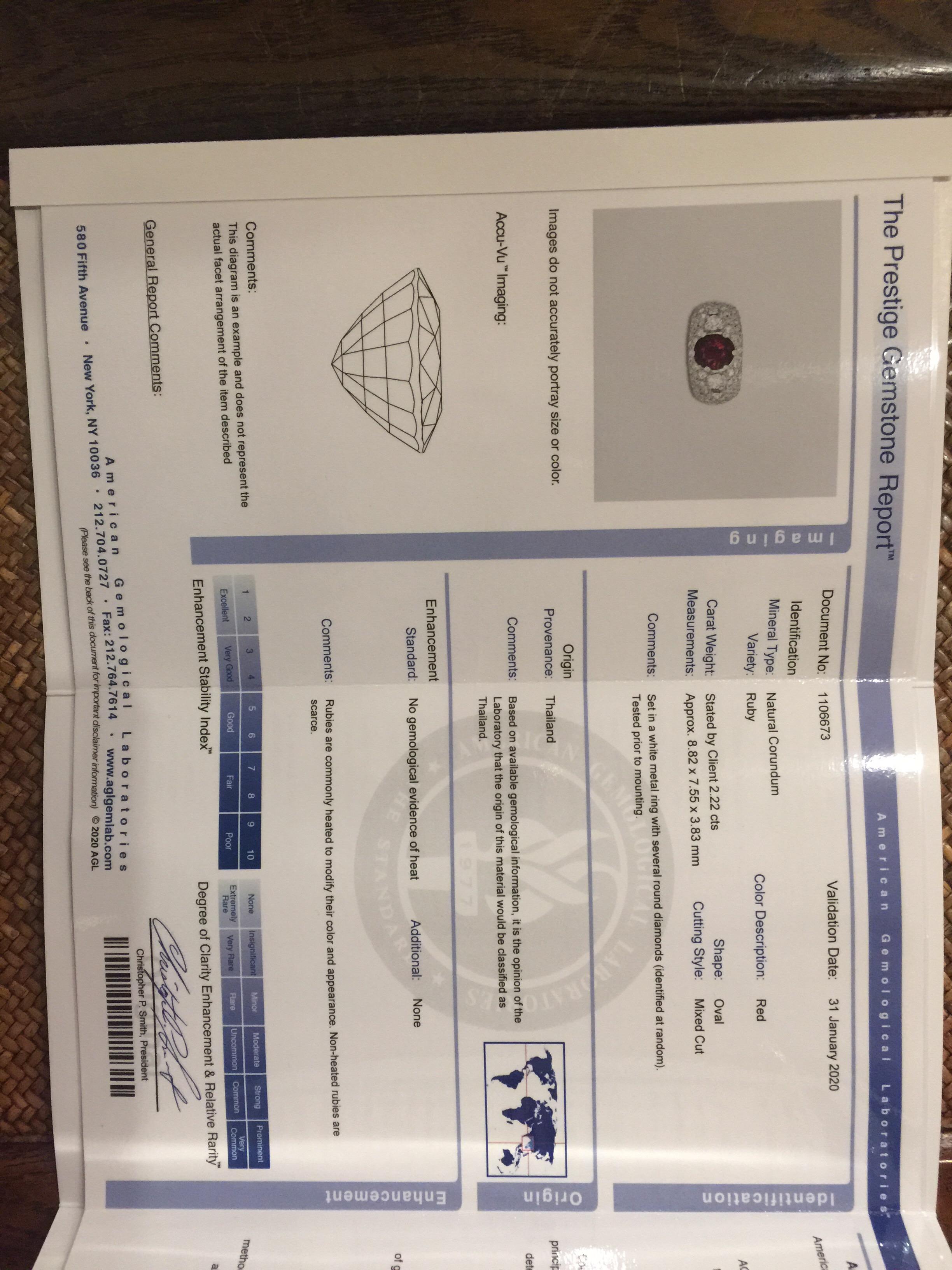 Platinring, AGL-zertifizierter natürlicher unerhitzter Rubin-Diamant im Angebot 3