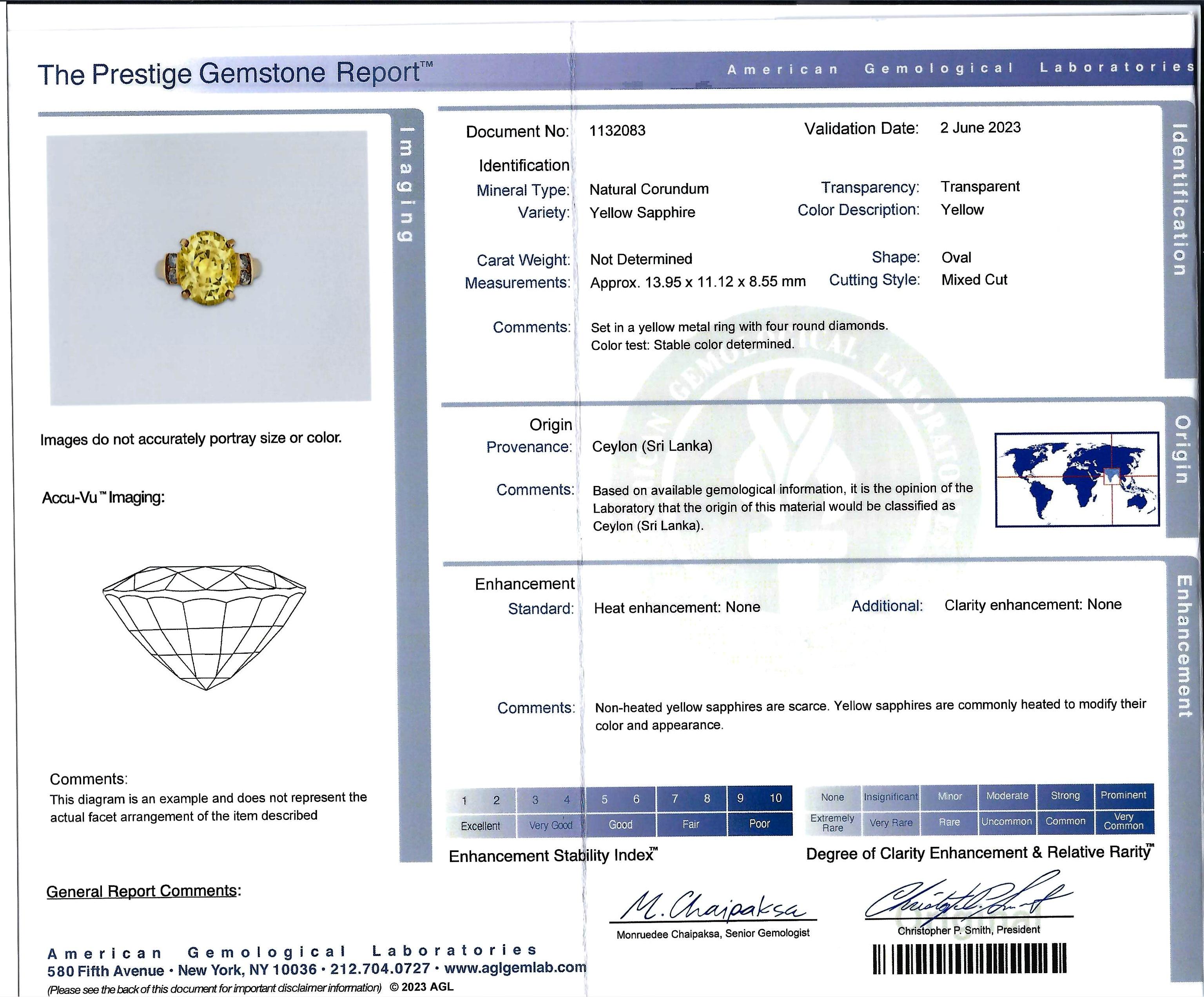 Featuring (1) oval-cut (golden) yellow sapphire, 10.60 cts., accompanied with an AGL Report 1132083, dated 2 June 2023, stating Ceylon (Sri Lanka) origin, NO heat or clarity enhancements, comment: “Non-heated yellow sapphires are scarce”., flanked