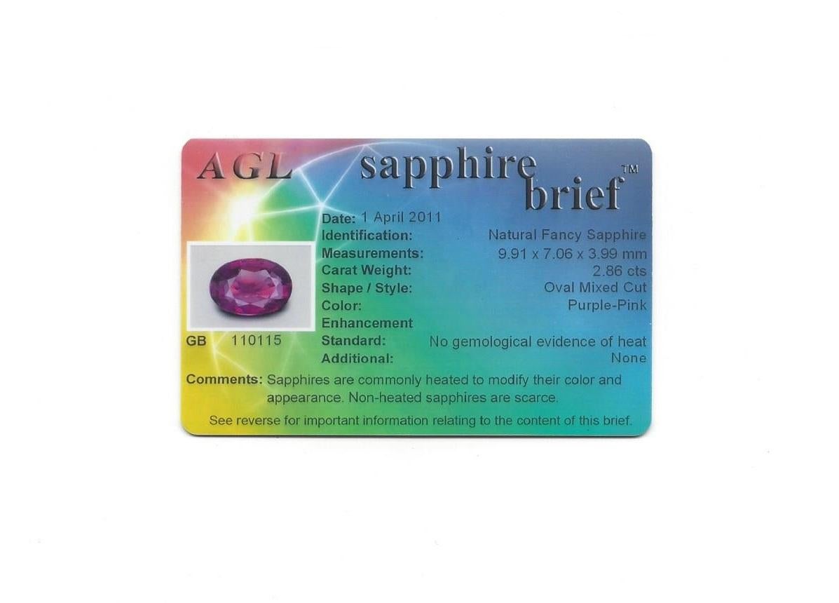 Goldring, AGL-zertifizierter unbehandelter 2,86 Karat ovaler lila rosa Saphir Diamant im Angebot 4