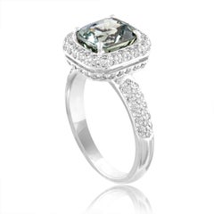 AGL Certified No Heat 3.34 Carat Cushion Green Sapphire Diamond Pave Gold Ring