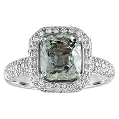 AGL Certified No Heat 3.34 Carat Cushion Green Sapphire Diamond Pave Gold Ring