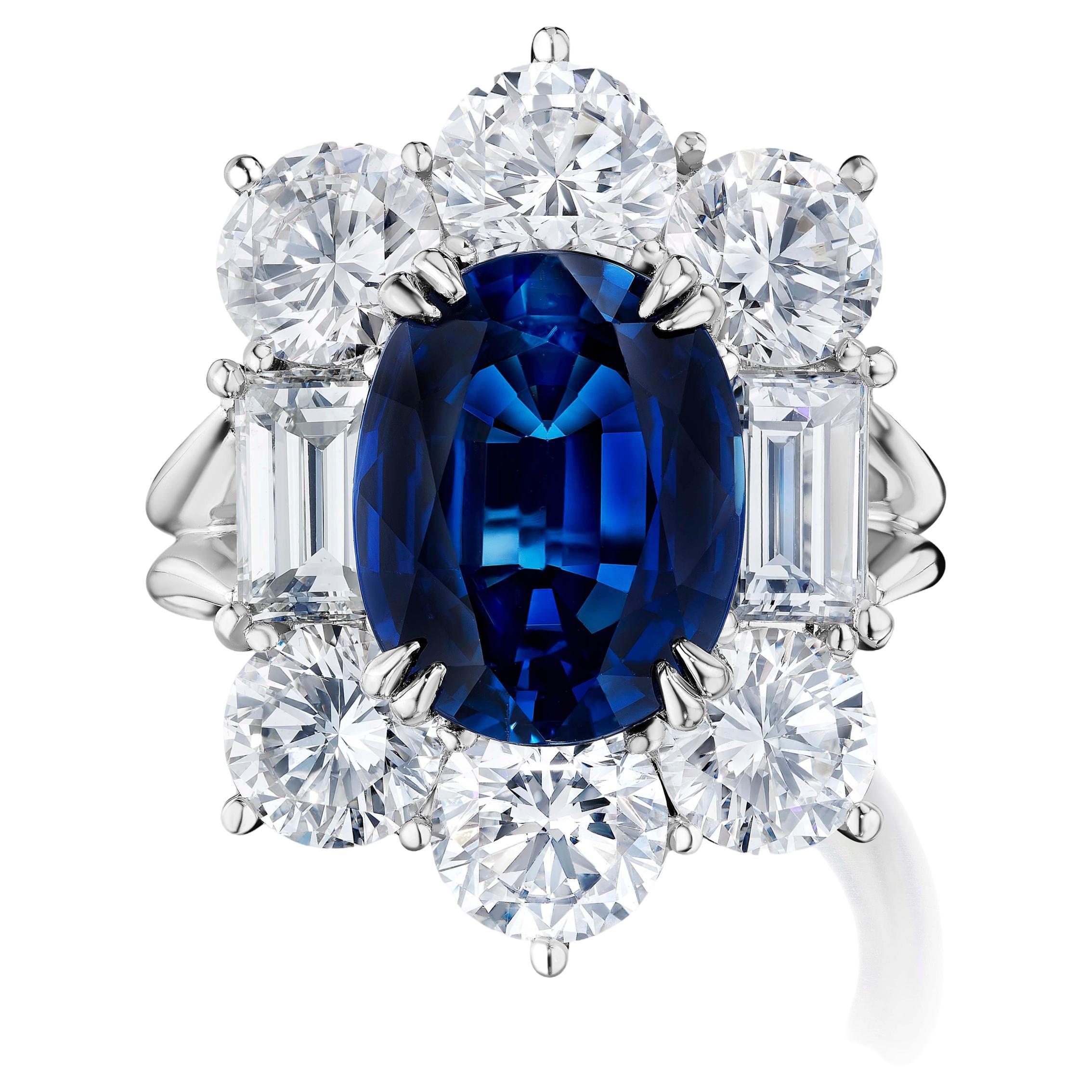 AGL Certified No Heat 6.3 Carat Sapphire and Diamond Ring For Sale