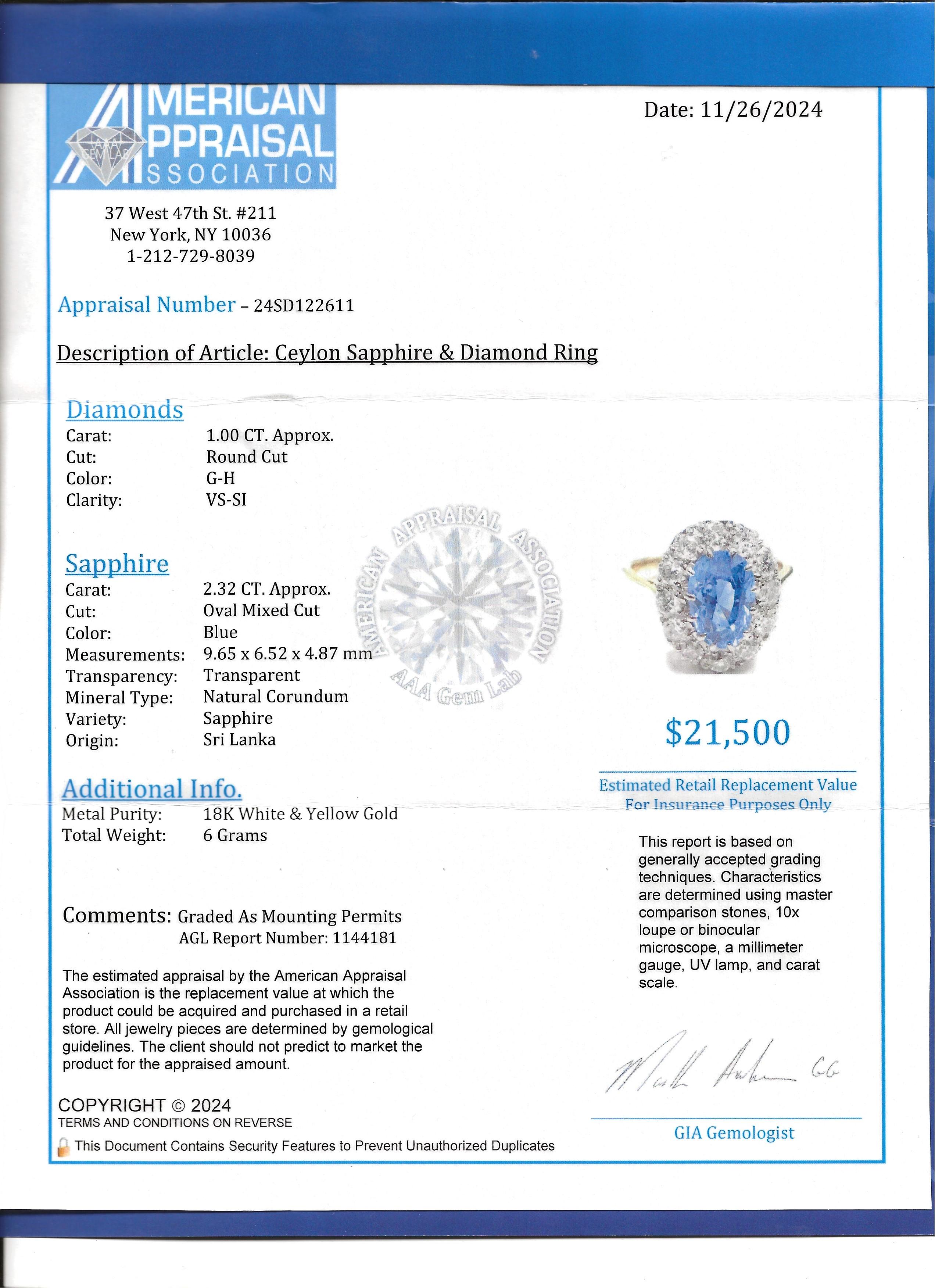 Anillo Halo de Zafiro de Ceilán y Diamante Certificado AGL Sin Calor, Platino y Oro de 18K en venta 7