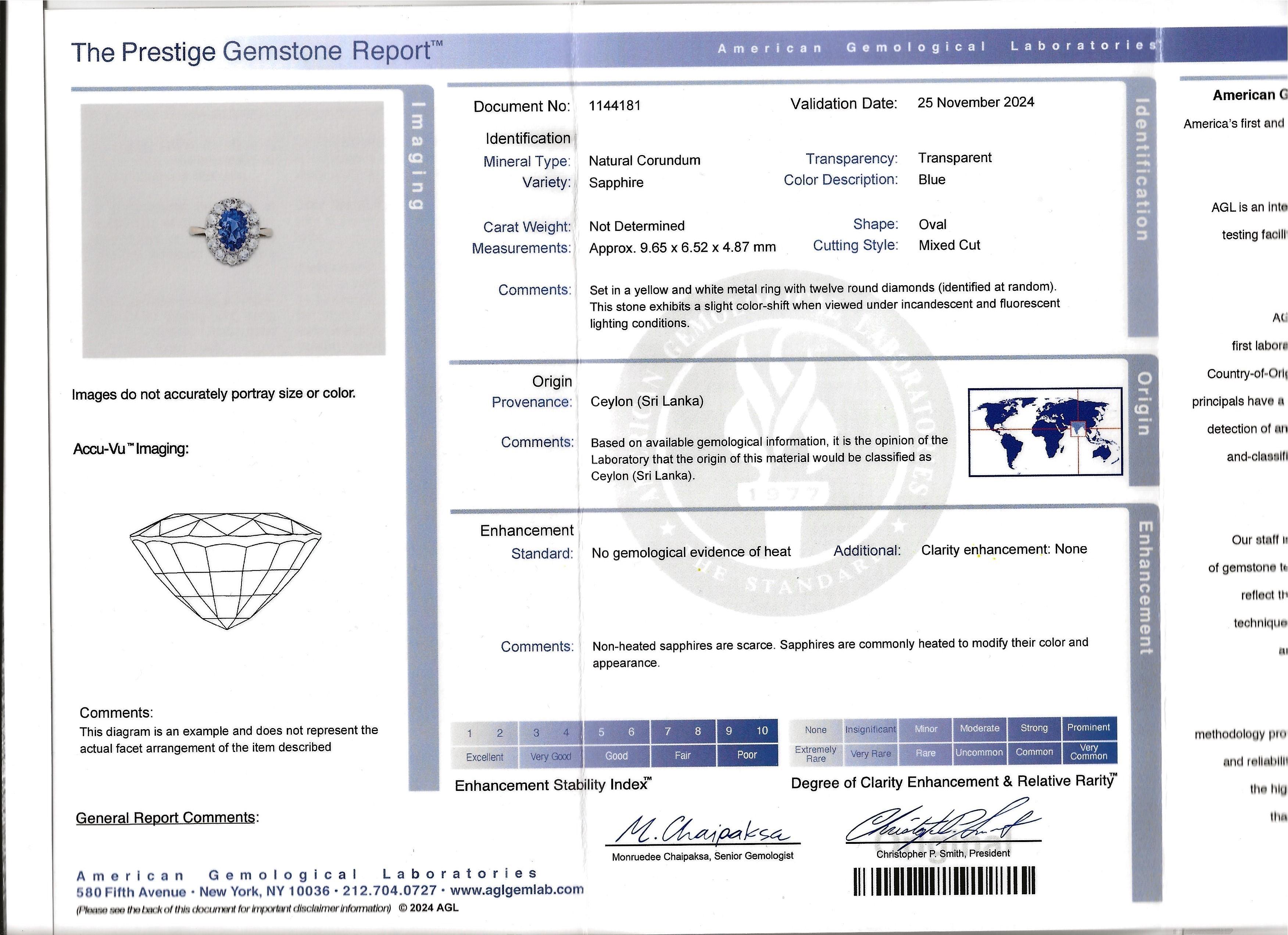 Anillo Halo de Zafiro de Ceilán y Diamante Certificado AGL Sin Calor, Platino y Oro de 18K en venta 8