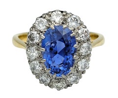AGL-zertifizierter unbehandelter Ceylon-Saphir- und Diamant-Halo-Ring, Platin & 18 Karat Gold